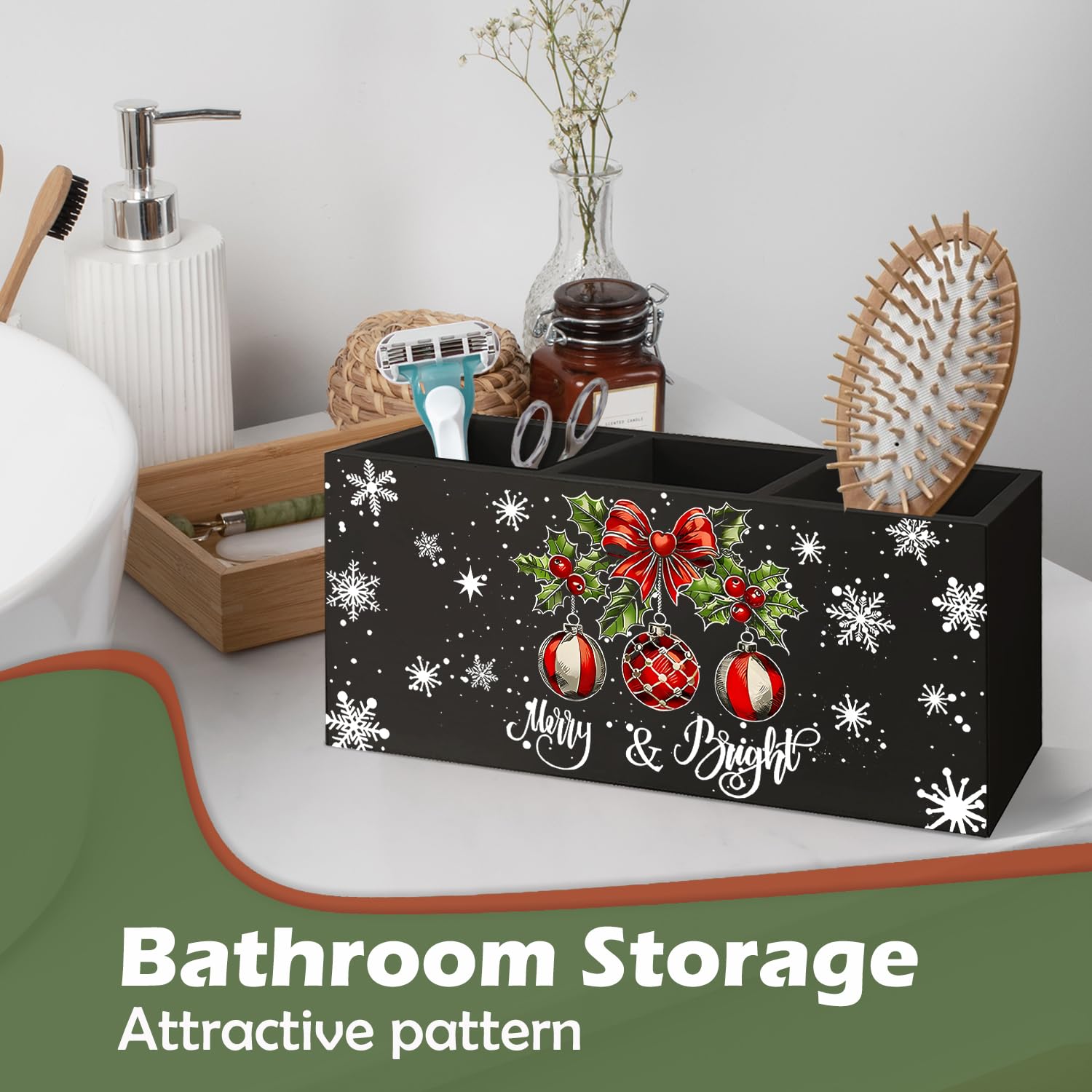 Christmas Bauble Ball Black Kitchen Utensil Holder, Merry Christmas Winter Xmas Holiday Wooden Utensil Holder Organizer For Kitchen Countertop Counter Shelf Table Decor