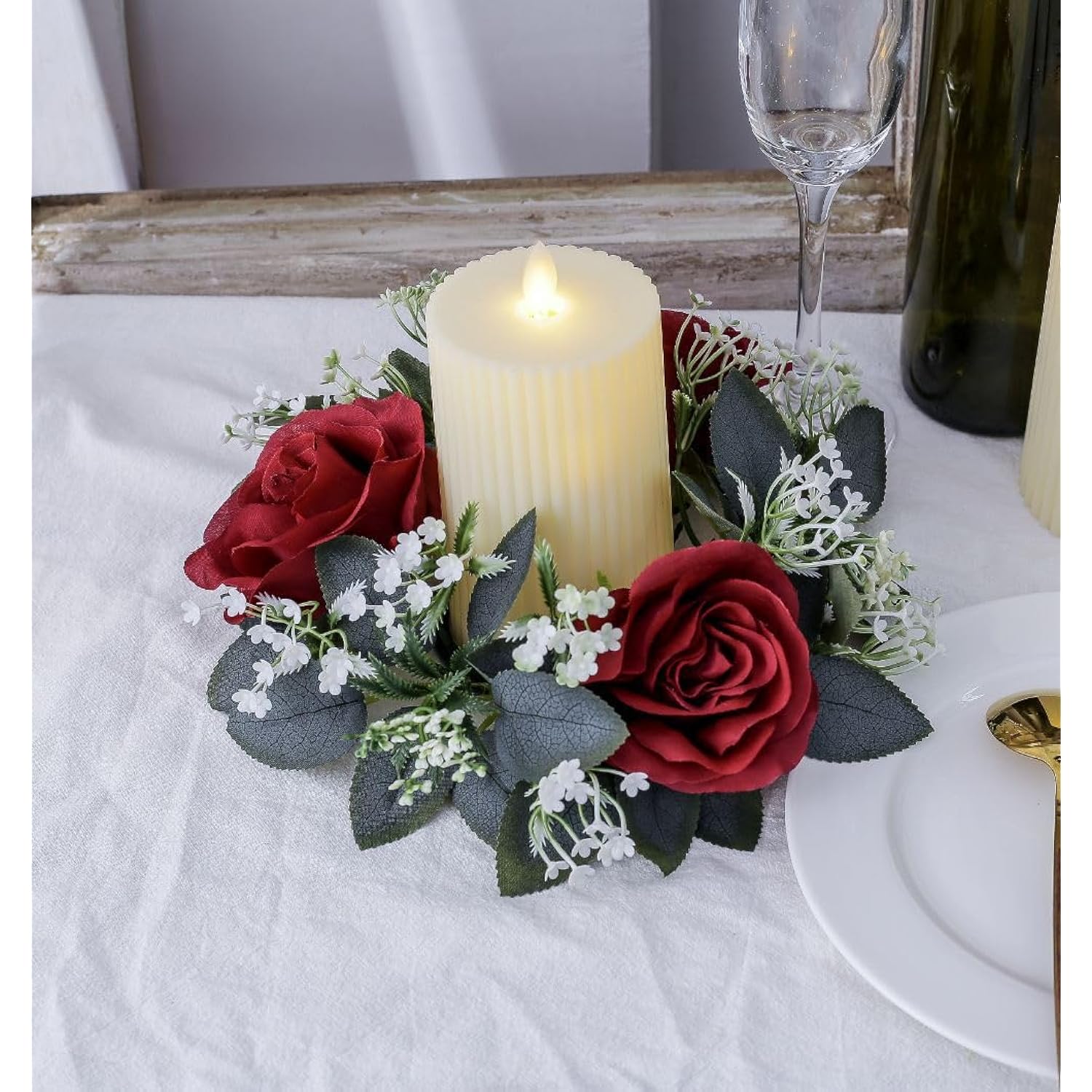 2 Pcs Artificial Rose Candle Rings Holder,Christmas Floral Wreaths With Eucalyptus Leaves Greenery Candle Rings For Pillar Candle Lantern Wedding Centerpiece Party Home Table Decor (Red)