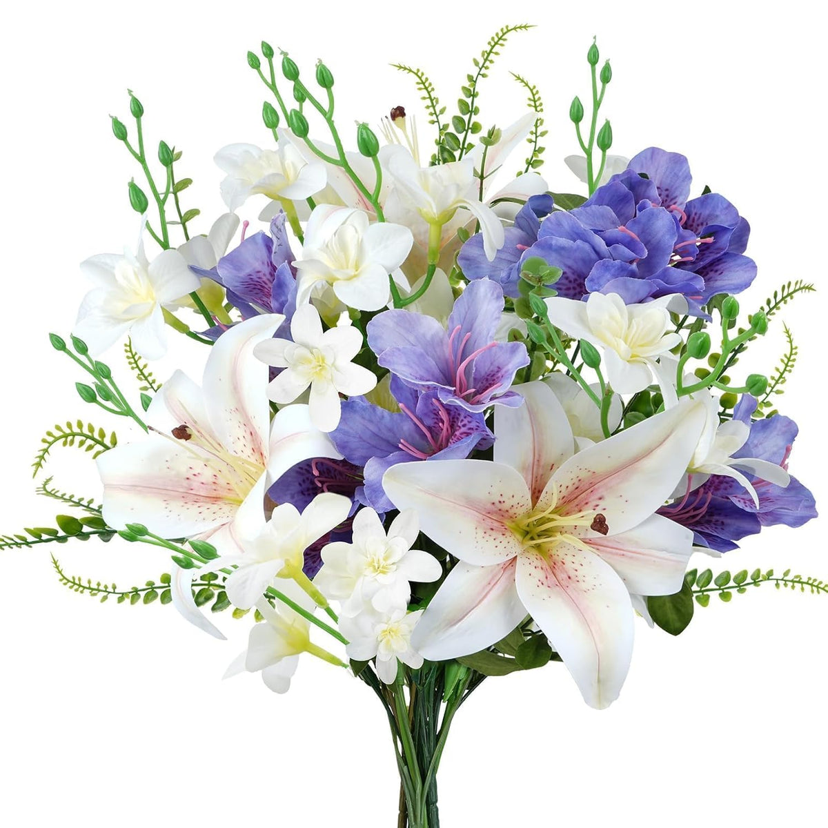 10 Pcs Spring Flowers Artificial Lilies Bouquet Fake Easter Cemetery Flowers Silk Flower Arrangements For Vase Home Table Centerpieces Wedding Indoor Grave Decorations (Pueple White)