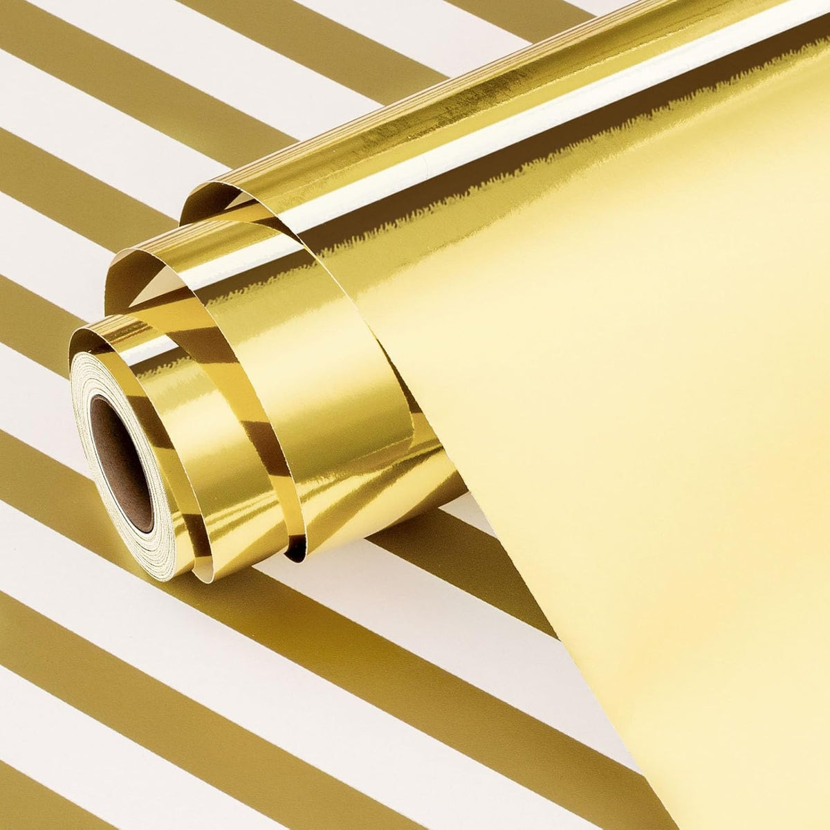 Reversible Golden Metallic Wrapping Paper, Gold & Stripe Gift Wrapping Paper, Shiny Glossy Foil Paper Solid Color Gift Wrap For Birthday, Christmas, Wedding,Valentine'S Day(17 Inch X 33 Feet)