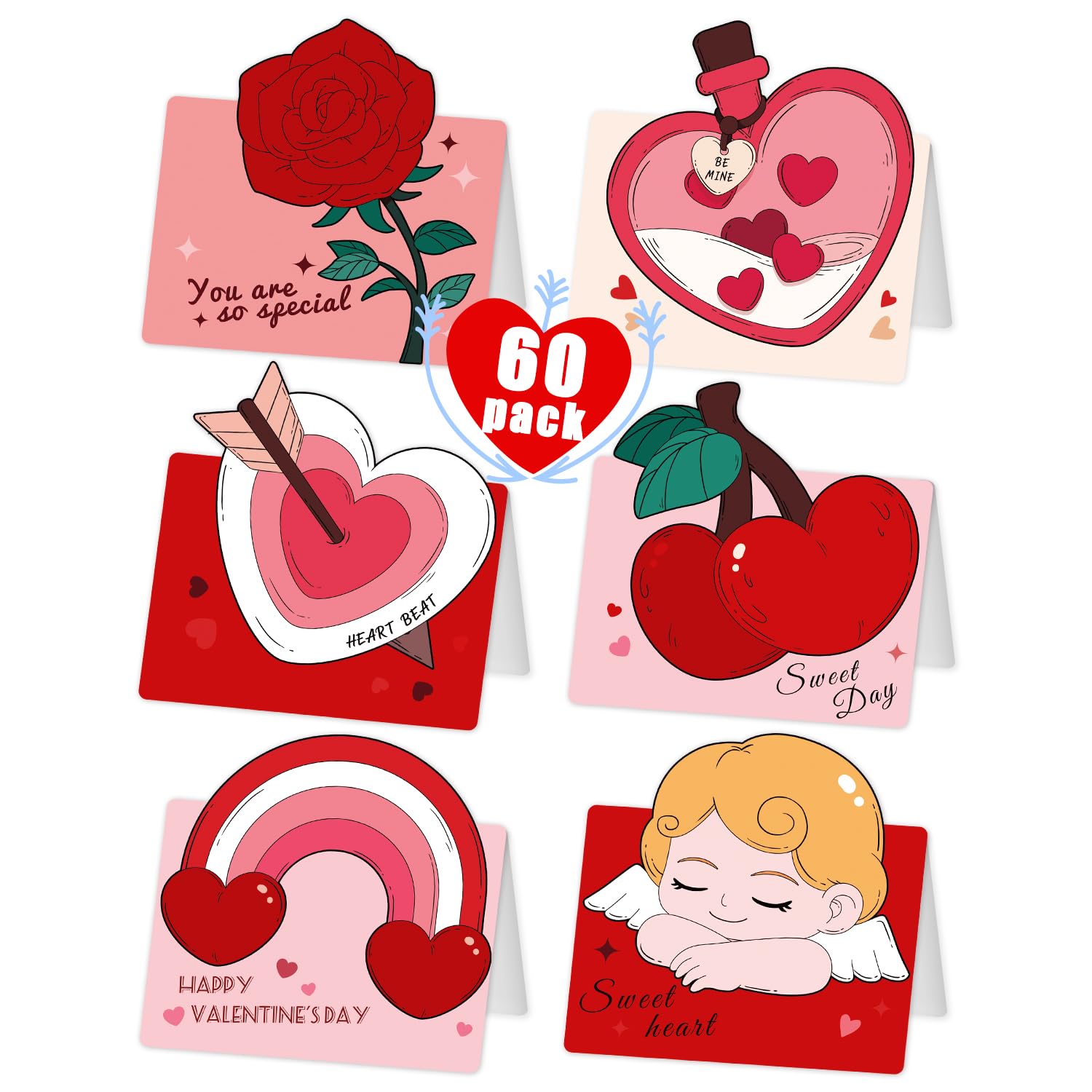 60 Pack Valentines Cards For Kids, Foldable Greeting Cards For Happy Valentine'S Day, Bulk Valentines Day Cards For Kids Classroom Exchange, Party Supplies Decorations