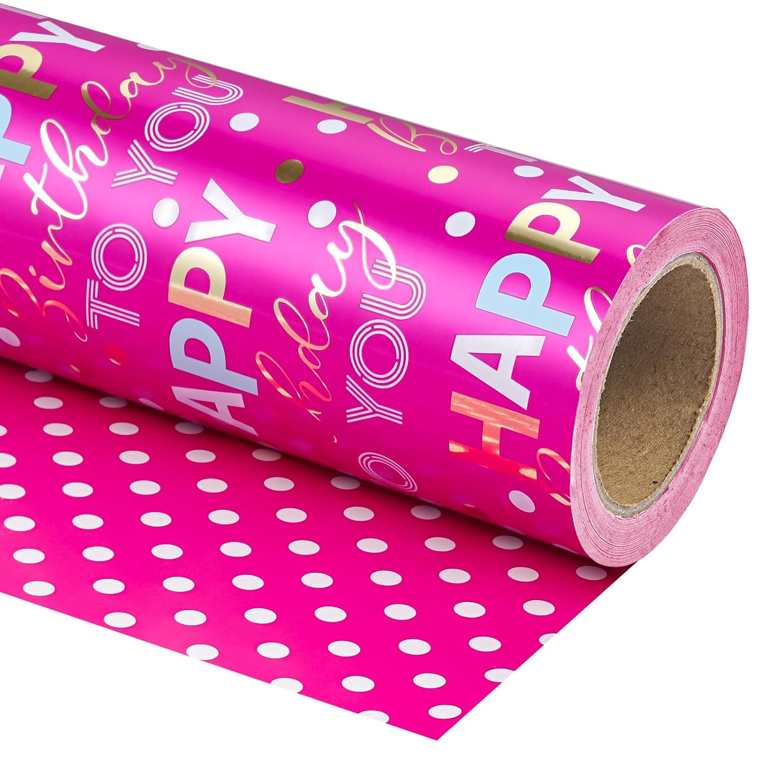 Reversible Birthday Wrapping Paper - Mini Roll - 17 Inch X 9.8 Feet - Hot Pink And Gold Foil Happy Birthday Wrapping Paper For Girls, Women, Kids, Baby Shower