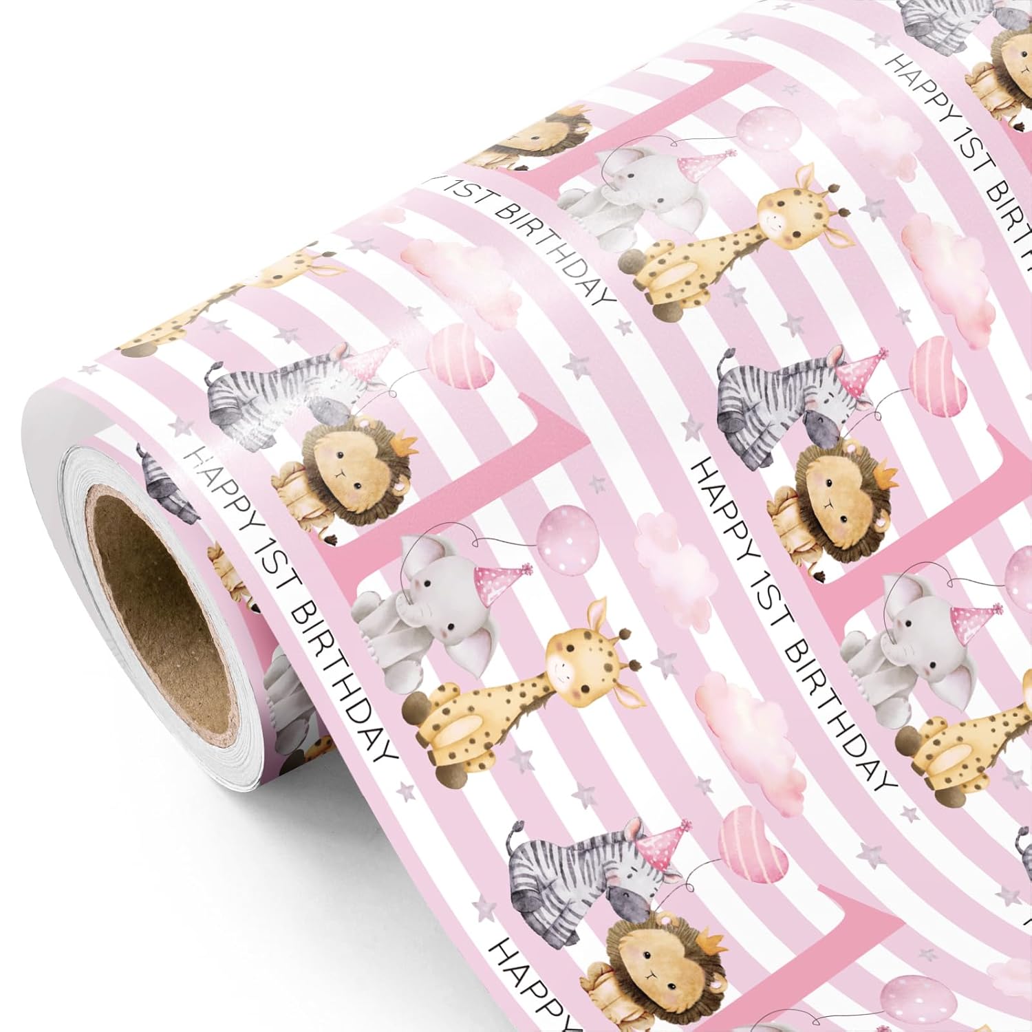Baby Girl 1St Birthday Wrapping Paper - Mini Roll - 17 Inch X 16.5 Feet - Baby Pink Adorable Jungle Animal Wrapping Paper Perfect For Kids Girls Birthday