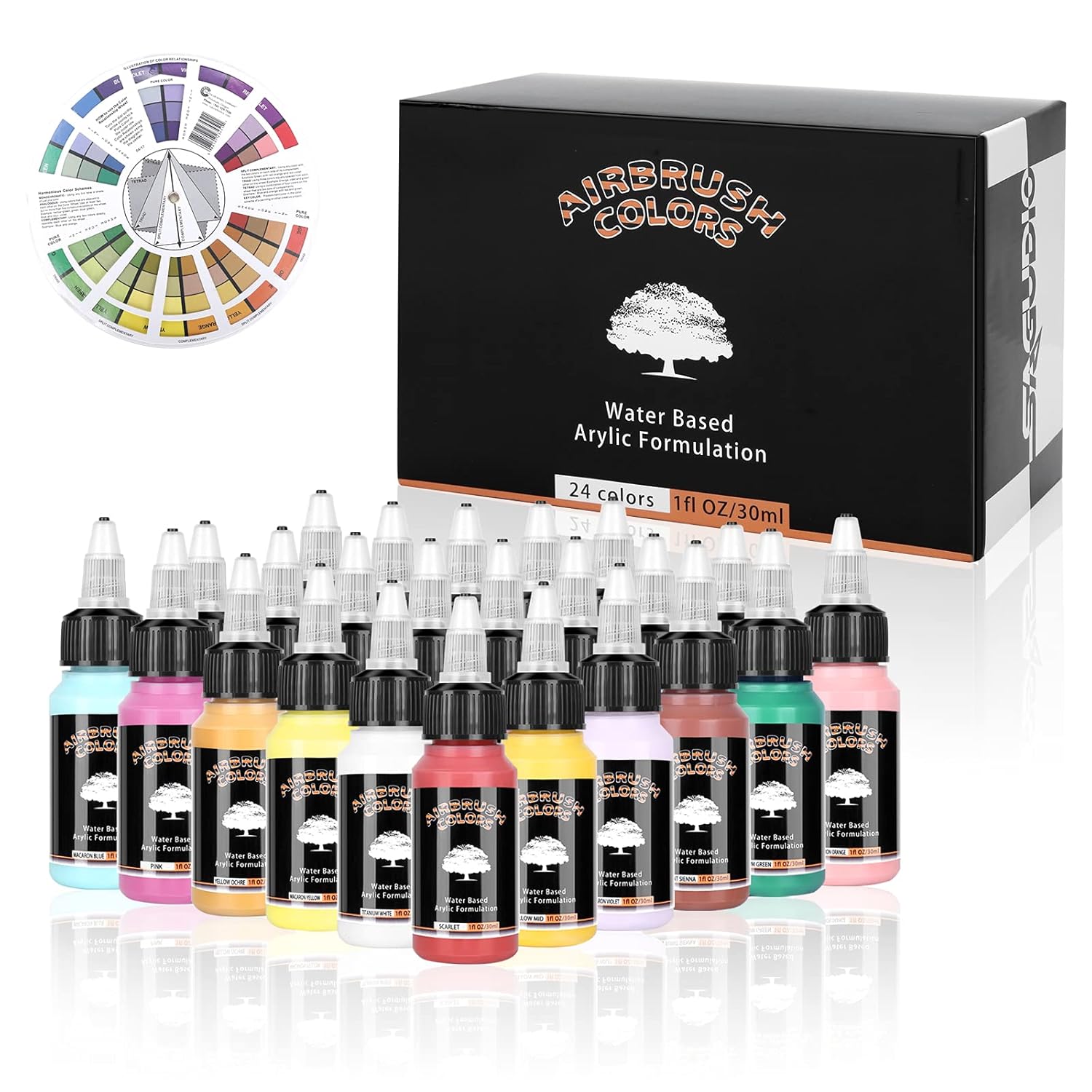 Acrylic Airbrush Paint 24 Colors (30 Ml/1Fl Oz) With Color Wheel Ready To Painting Set, Water Based Waterproof Quick Drying For Model, Shoes, Leather, Wall