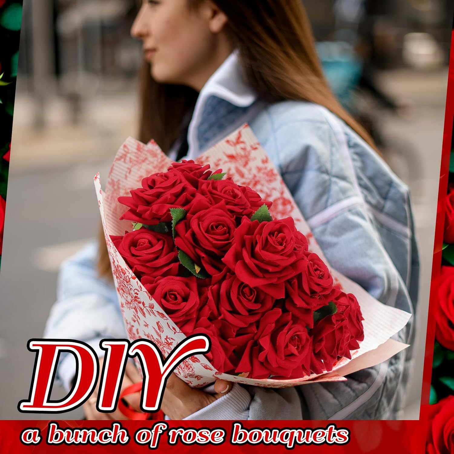 50 Pcs Valentine'S Day Artificial Rose Flower Bulk Velvet Silk Fake Rose Flowers With Long Stem Bouquet Real Looking Diy For Wedding Centerpieces Valentine Garden Home Party Decor(Red)