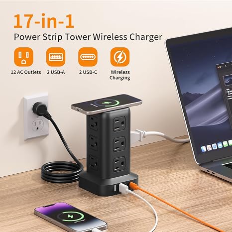 Power Strip Tower 12 Outlets 4 USB Ports 6.5FT Extension Cord Outlet Extender Black