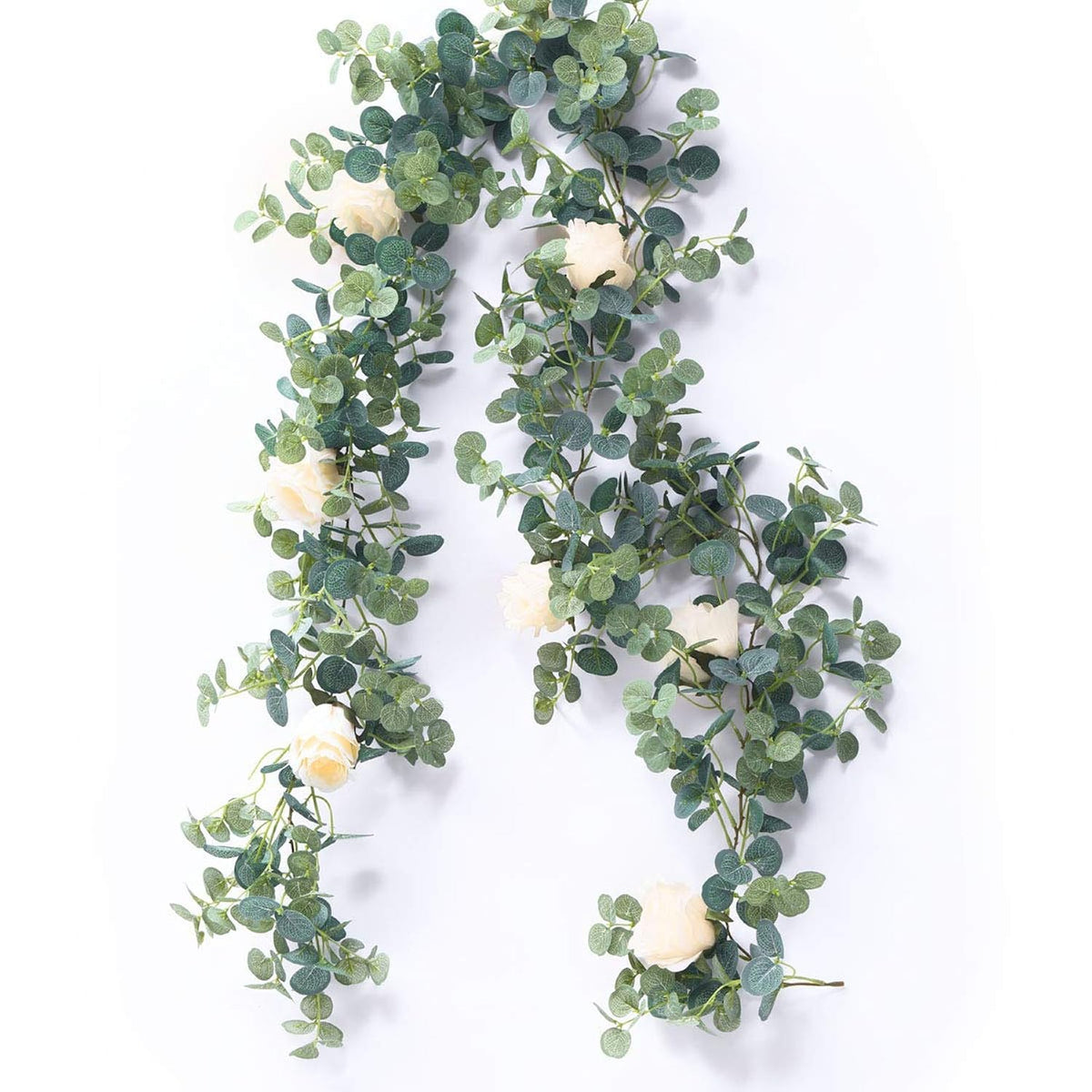 6.56Ft Eucalyptus Garland With Flowers-8 Champagne Roses-Lush,Natural Looking, Floral Garland Greenery For Party Wedding Table Indoor Outdoor Backdrop Wall Decor?Champagne,1?