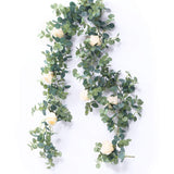 6.56Ft Eucalyptus Garland With Flowers-8 Champagne Roses-Lush,Natural Looking, Floral Garland Greenery For Party Wedding Table Indoor Outdoor Backdrop Wall Decor?Champagne,1?
