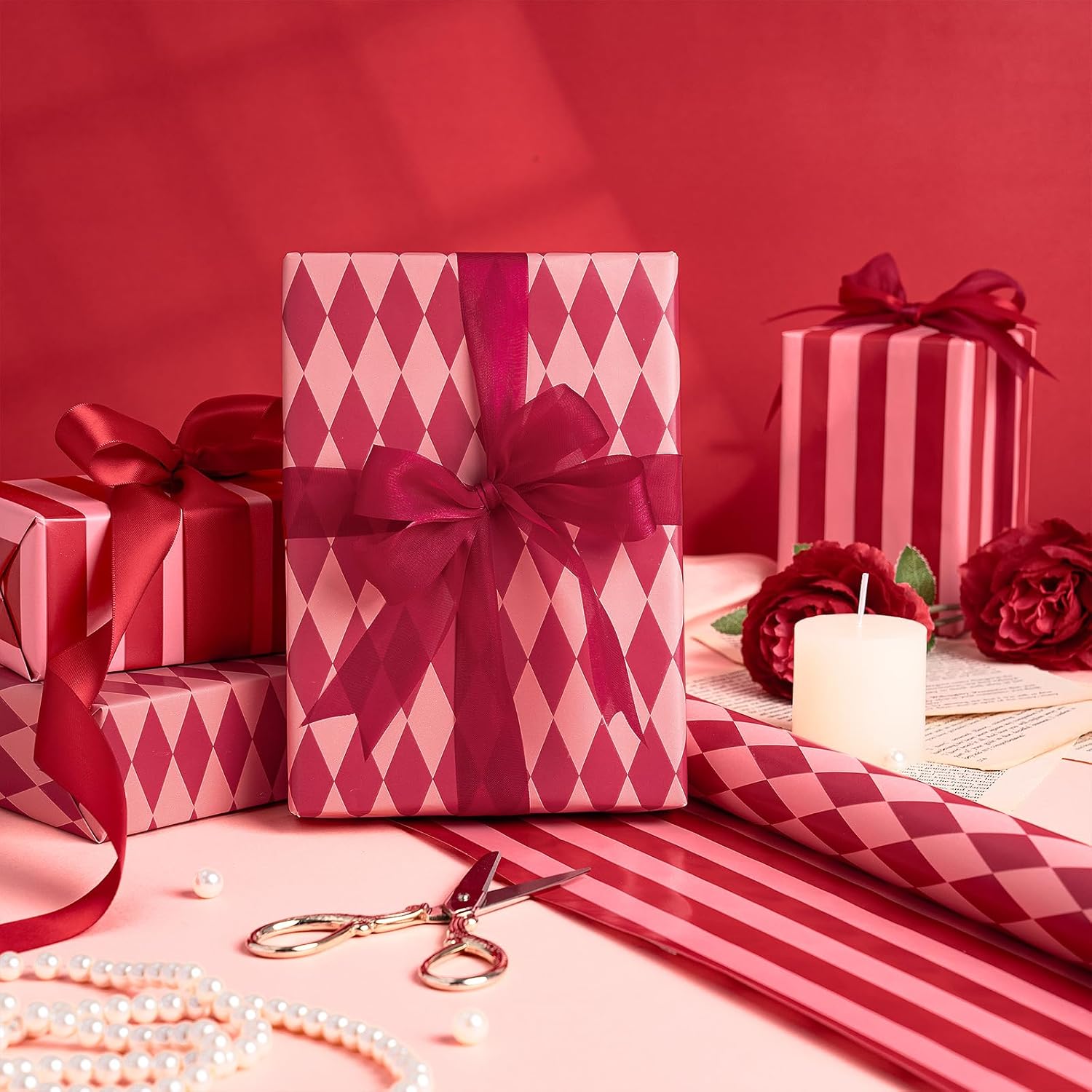 Reversible Wrapping Paper Roll For Girls, Mini Roll, Red And Pink Stripes And Diamond Pattern, Holiday Gift Wrap For Christmas, Valentine'S Day, Merry Market Gifts, 17 Inches X 16.4 Feet