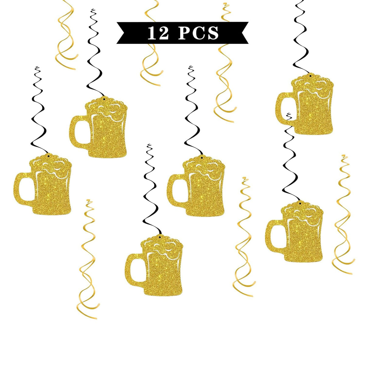Beer Mug Hanging Swirl Decorations - Glitter 12 Pcs Mug Pennant Party Supplies - Beer Birthday - Wedding Streamers - Cheers & Beers Party Foil Swirls Ceiling Decorations