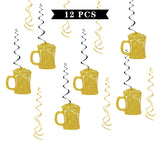 Beer Mug Hanging Swirl Decorations - Glitter 12 Pcs Mug Pennant Party Supplies - Beer Birthday - Wedding Streamers - Cheers & Beers Party Foil Swirls Ceiling Decorations