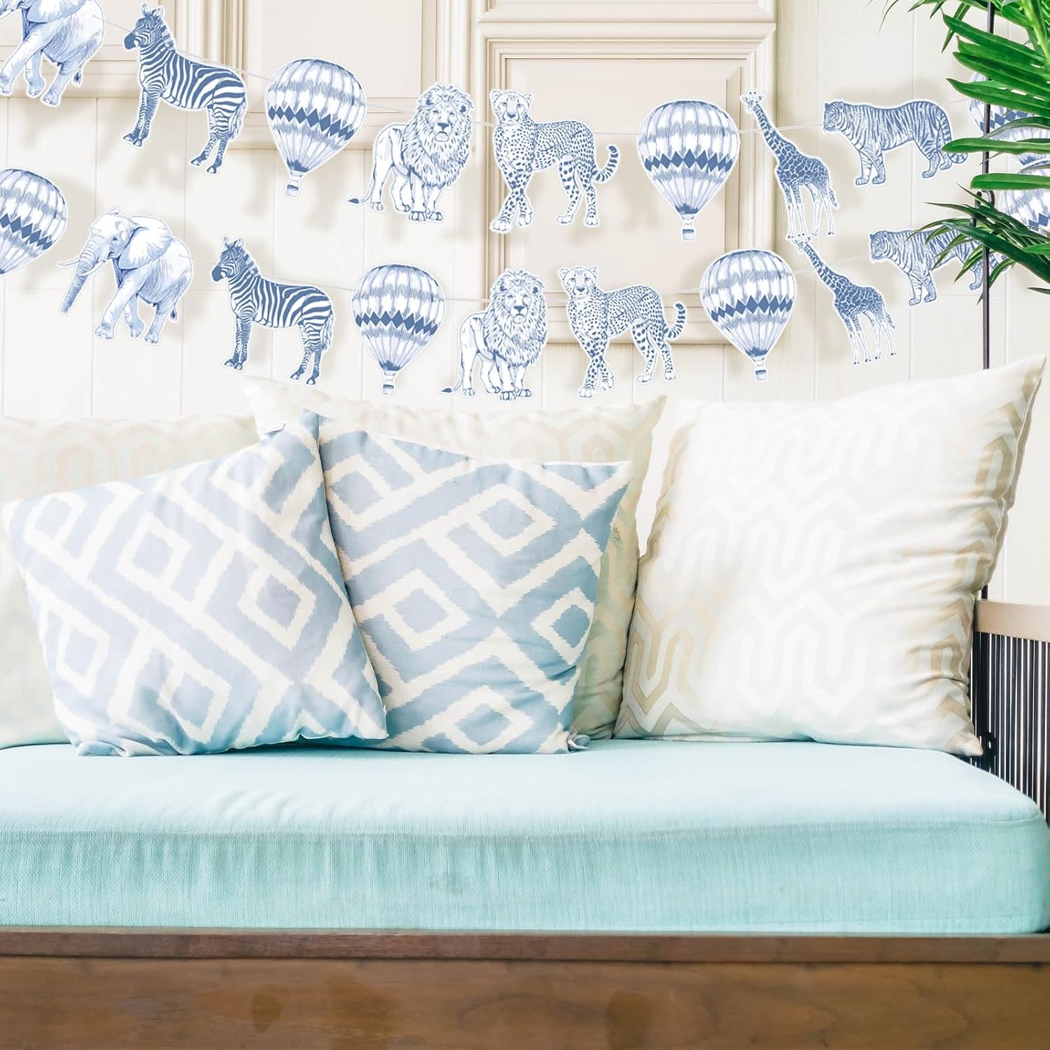 2 Pack Blue Toile De Jouy Safari Garland 6.56 Ft Jungle Party Banner Blue Chinoiserie Baby Shower Hanging Decor Animal Paper Party Supply For Birthday Wedding Christmas Bachelorette Decor