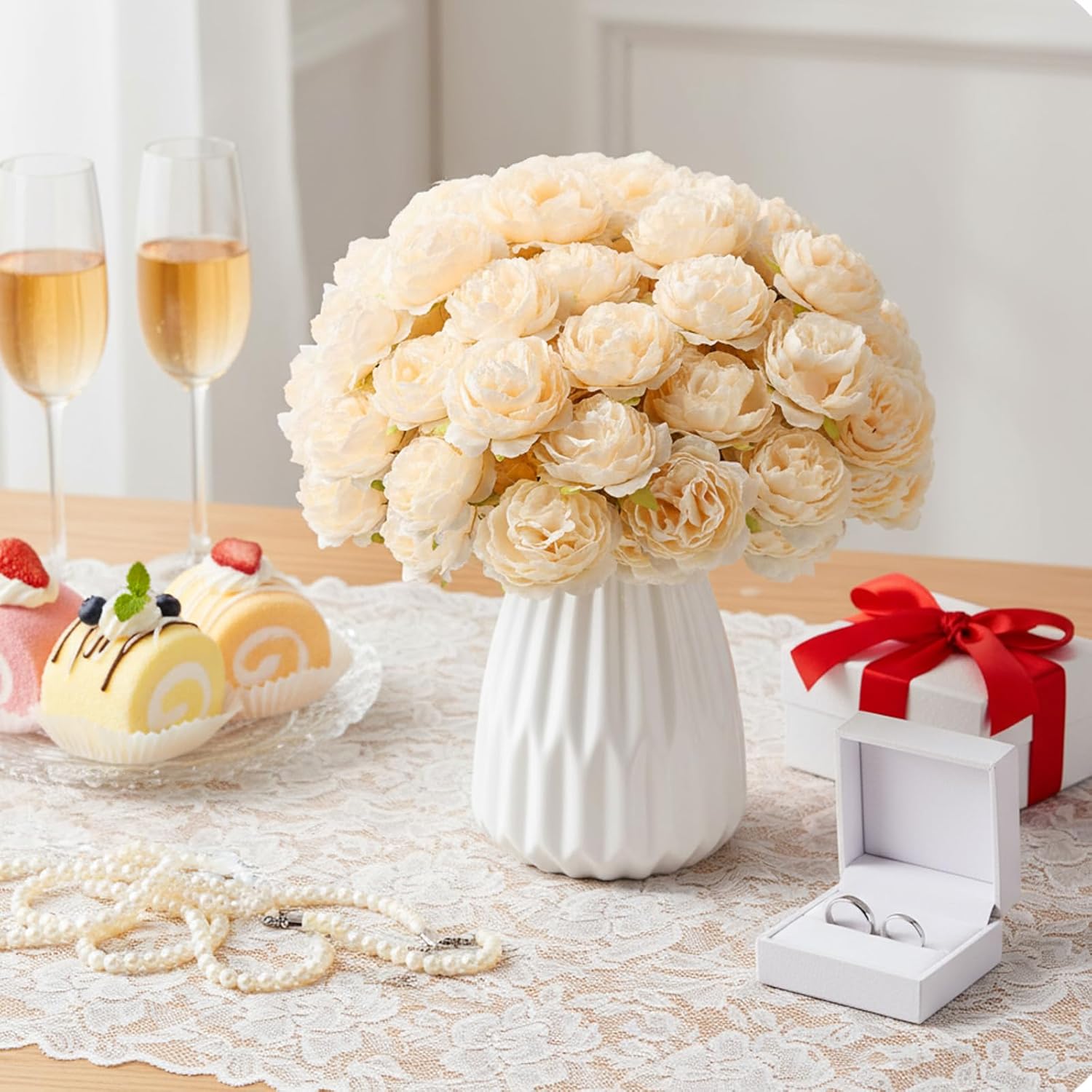 200 Pcs Flowers Long Stem Artificial Rose Bulk, 3.2 Inches Silk Rose Head Flowers Faux For Wedding Bridal Bouquet Independence Day Home Floral Diy Centerpieces Party Decoration(Champagne)