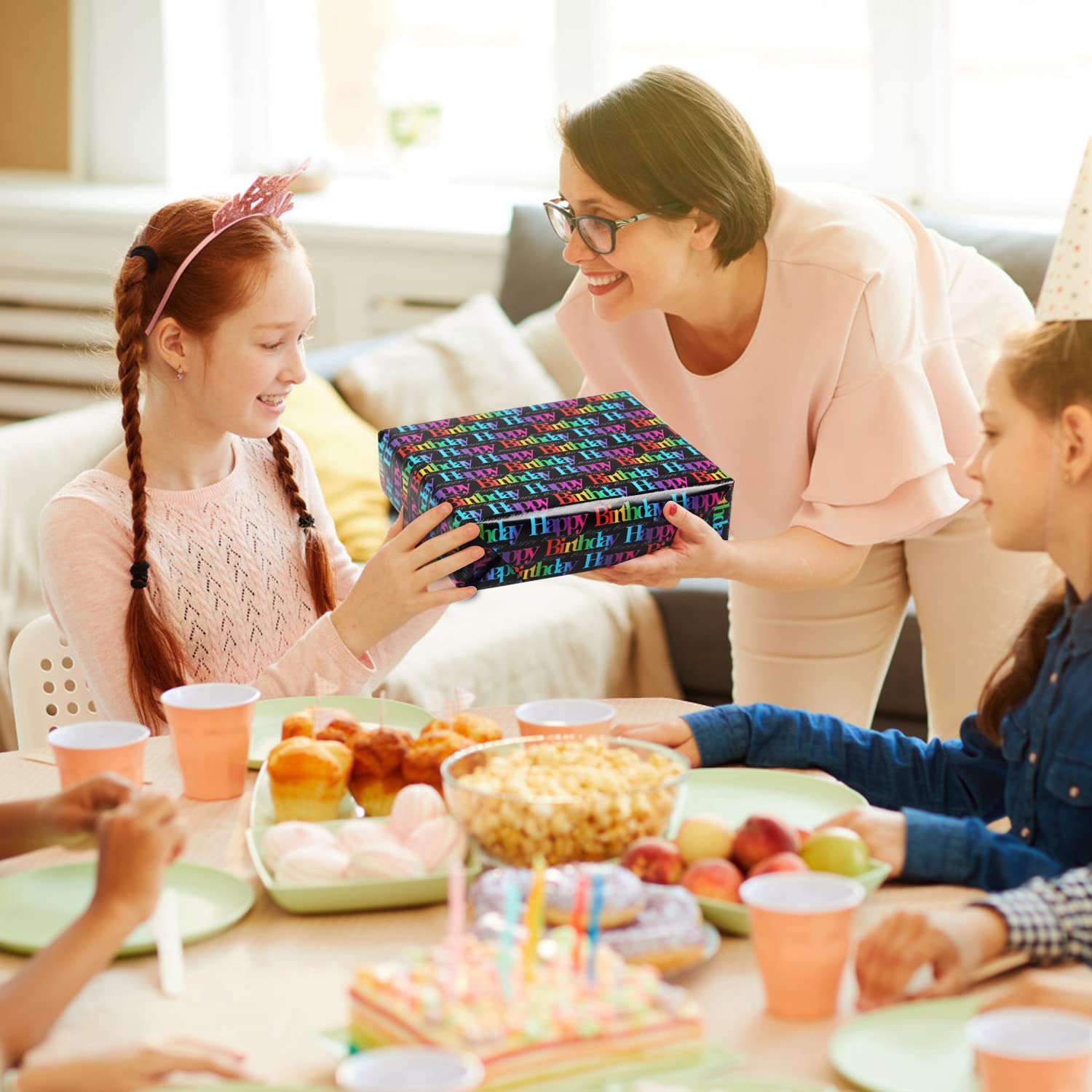 Happy Birthday Wrapping Paper For Girls Boys Kids Women Men - Gradient Color Gift Wrap With Cut Lines On Reverse - 7 Sheets Folded Flat 20X28 Inches