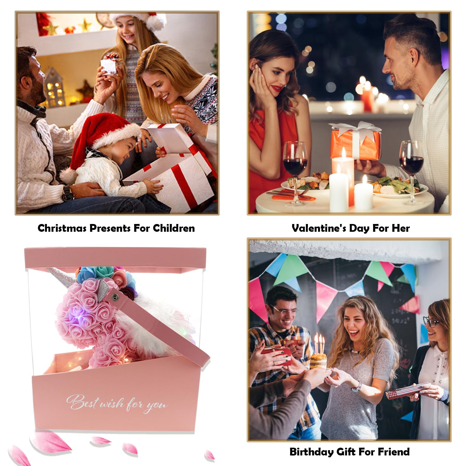 Rose Unicorn Party Favor Artificial Flowers Forever Gift Box Set For Her Girlfriend Children Kid Daughter Women Anniversary Christmas Valentines Birthday Mothers Day (Light Pink)