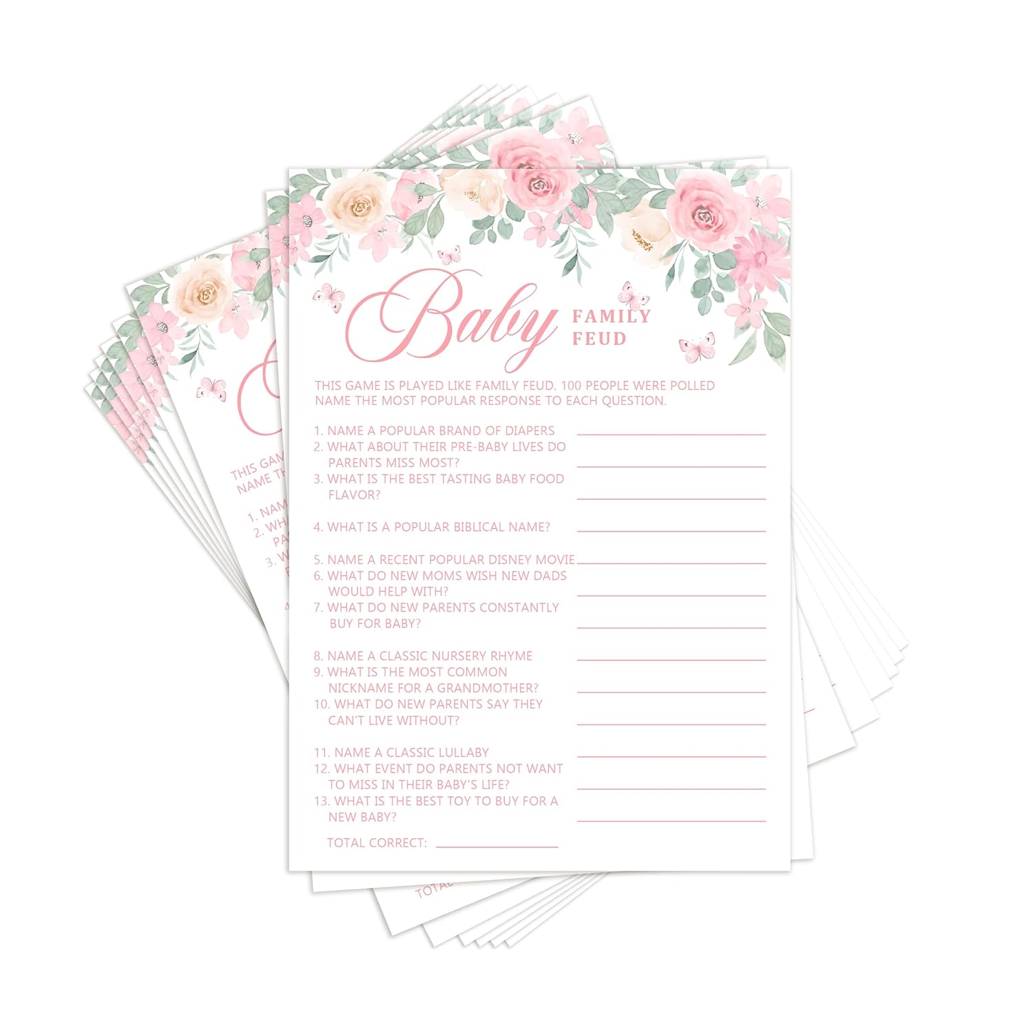 Baby Shower Games For Girl, Pink Floral Baby In Bloom Theme, 25 Family Feud Gender Reveal Game Cards & 1 Answer Card, Fun Party Activity & Favor For Guests-C06