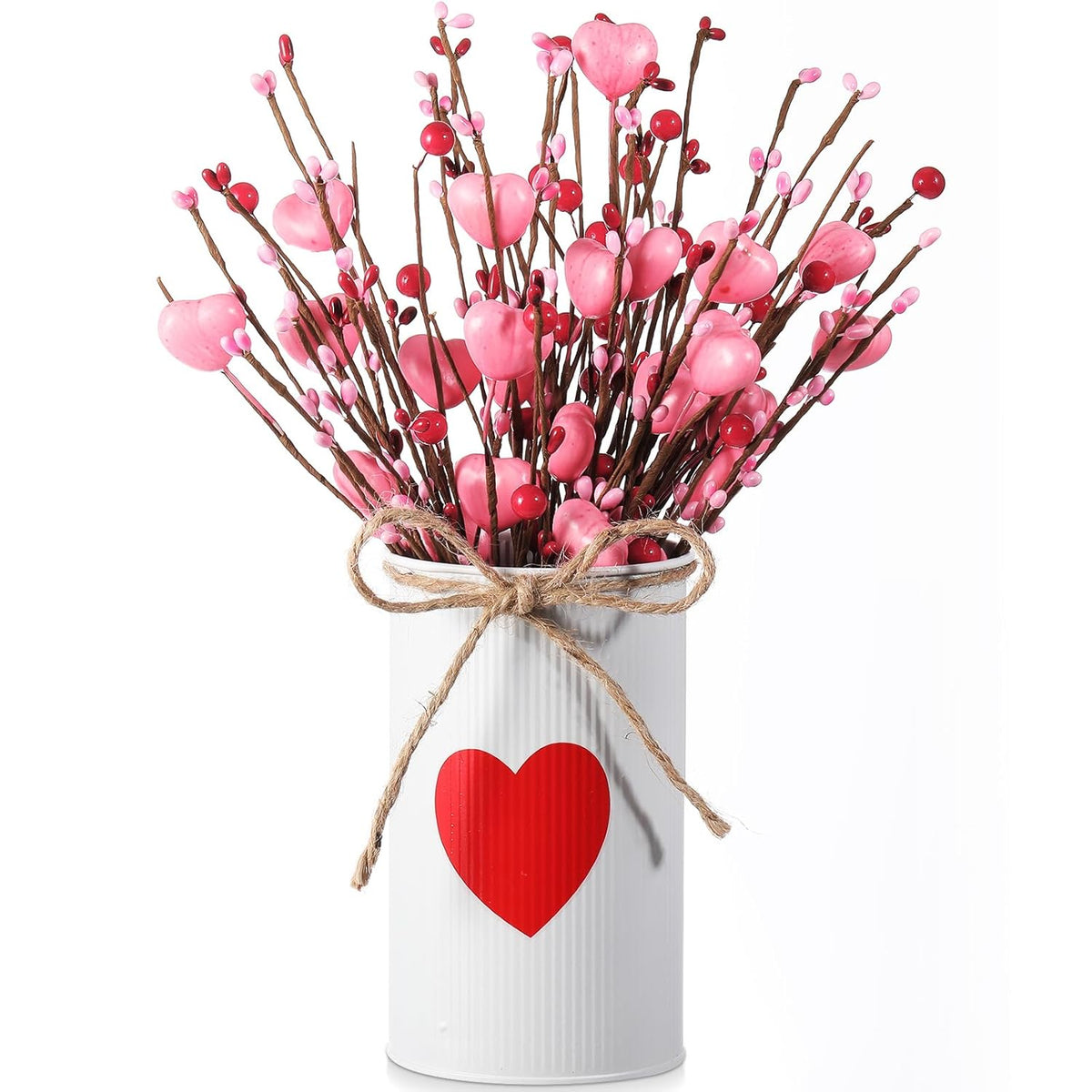 Valentine'S Day Table Centerpiece Decor Romantic Artificial Flower Stems Floral Heart Shaped Berry Picks With Metal Pots For Wedding Party Hotel Office Home Decoration(Pink)