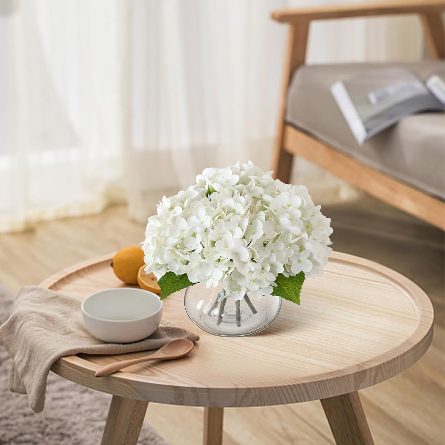 Hydrangea Artificial Flowers With Vase,White Real Touch Hydrangea Flowers With Butterfly,Faux Hydrangea Flowers For Floral Centerpieces For Tables,Home Decor,Wedding Decor,Coffee Table Decor
