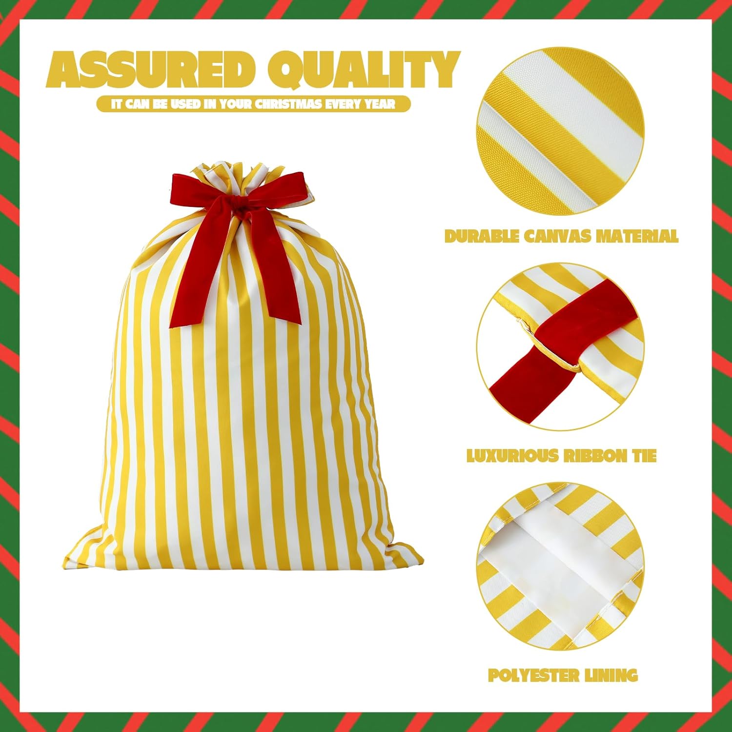 Santa Sack Christmas Gift Bag 19.7 X 27.6 Inch Large Canvas Christmas Santa Claus Bag For Xmas Party Supplies Favors (White-Yellow Stripes)