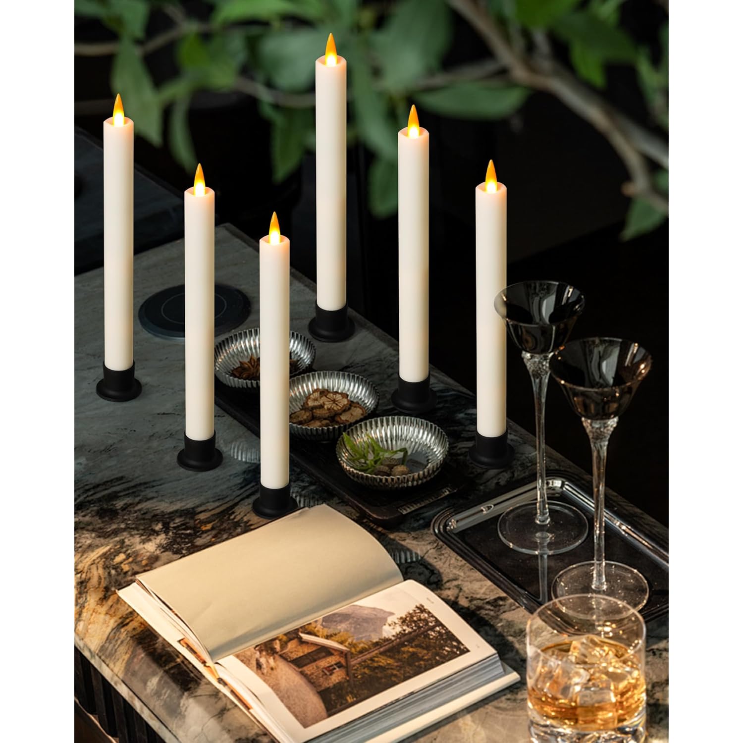 6 Flameless Window Candles With Remote Controller & Timer, Led Cone Stick Candle, Free 6 Black Bases, 9.6 Inch Battery Powered Christmas Candles For Home, Party, Holidays, Christmas Decoration