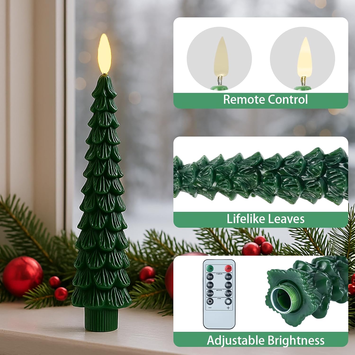 Christmas Decorations Indoor - 4 Pcs Christmas Tree Candles With Remote And Timer - Flameless Christmas Taper Candles - Battery Perated Green Led Candlesticks For Christmas Home Decor