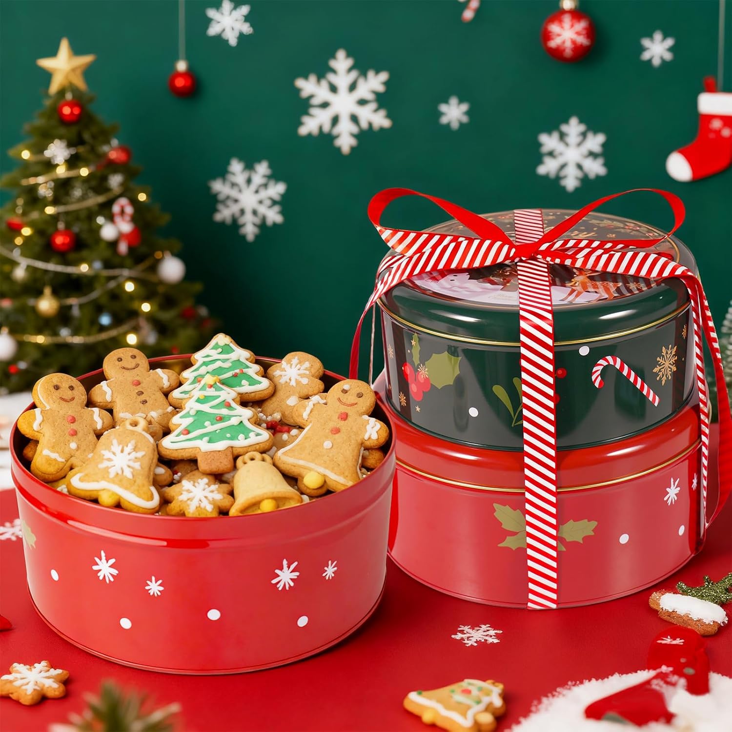 Christmas Cookie Tins With Lids – 3 Pack Holiday Cookie Containers With 16.5Ft Ribbon, Festive Round Metal Nesting Tins For Gift Giving, Baking & Treat Storage