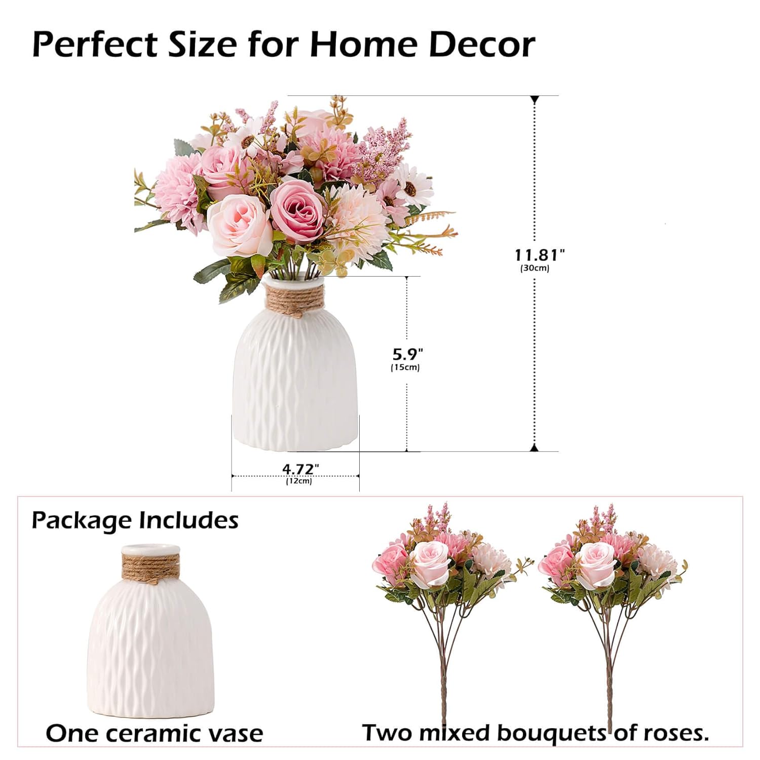 Fake Flowers In Vase, Artificial Pink Flowers In Vase For Decoration Faux Flowers Fake Floral For Home Decor Indoor Dining Table Centerpiece (Pink)