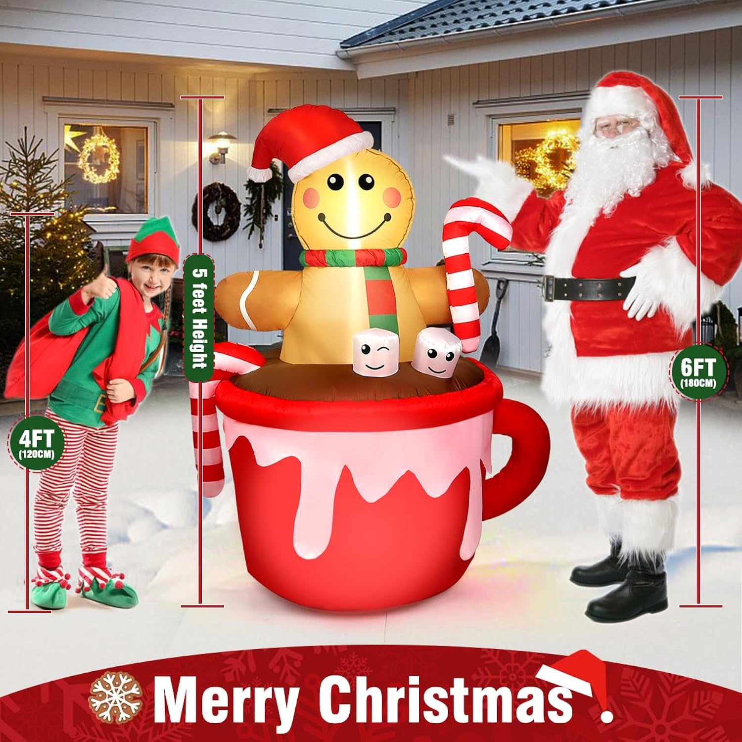 5Ft Christmas Inflatable Outdoor Decoration, Gingerbread Man In Coffee Mug Blow Up Led Light Christmas Inflatables Yard