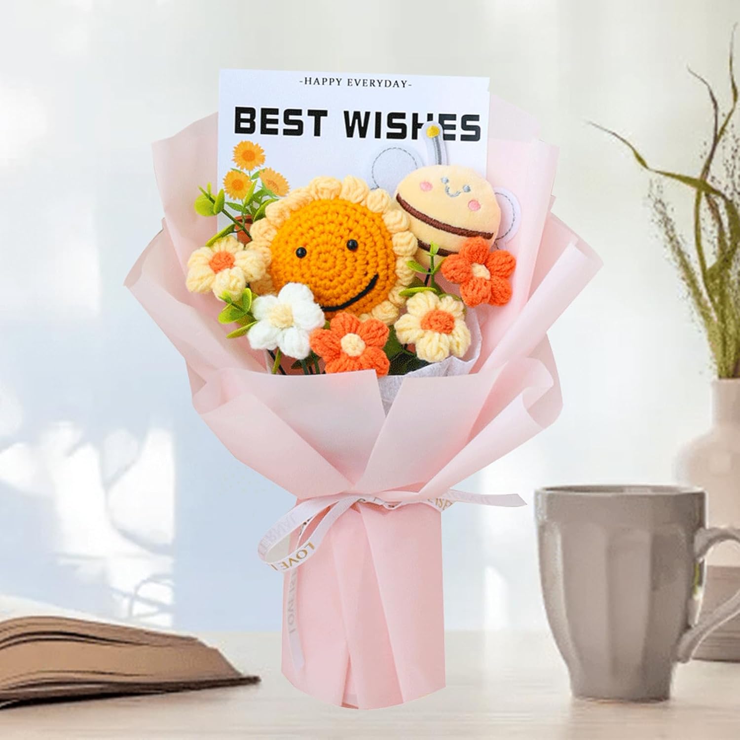 Pink Crochet Sunflower Bouquet, Plush Flower Bouquet-Lovely Bee & Eucalyptus - Knitted Flowers Gift Set With Gift Bag & Card Home Decor, For Her/Father (Sunflower And Bee)