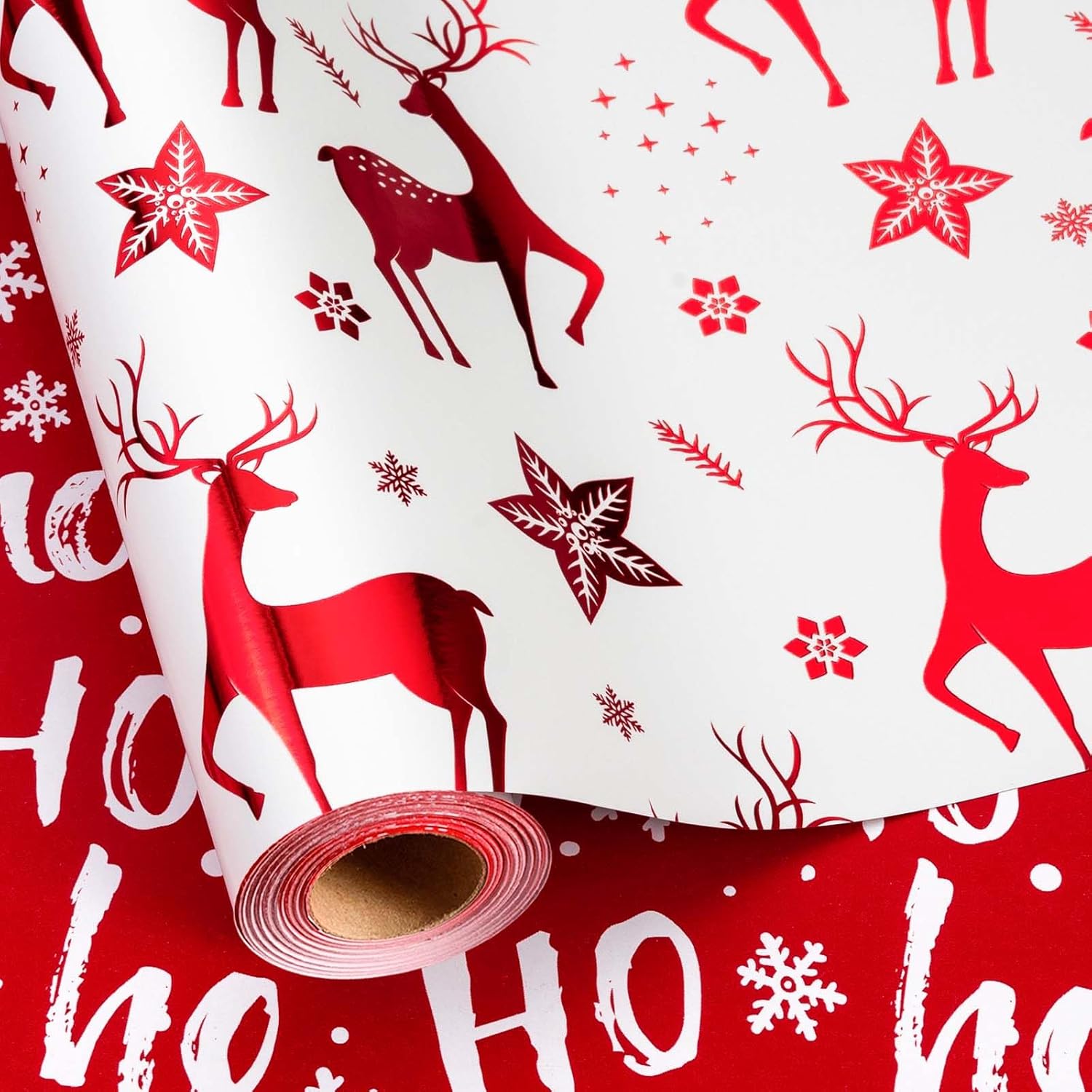 Christmas Wrapping Paper Roll - 17 Inches X 32.8 Feet - Metallic Red Reindeer Ho Lettering Mini Roll Gift Wrap Paper For Winter Holiday Festive Party Celebrations