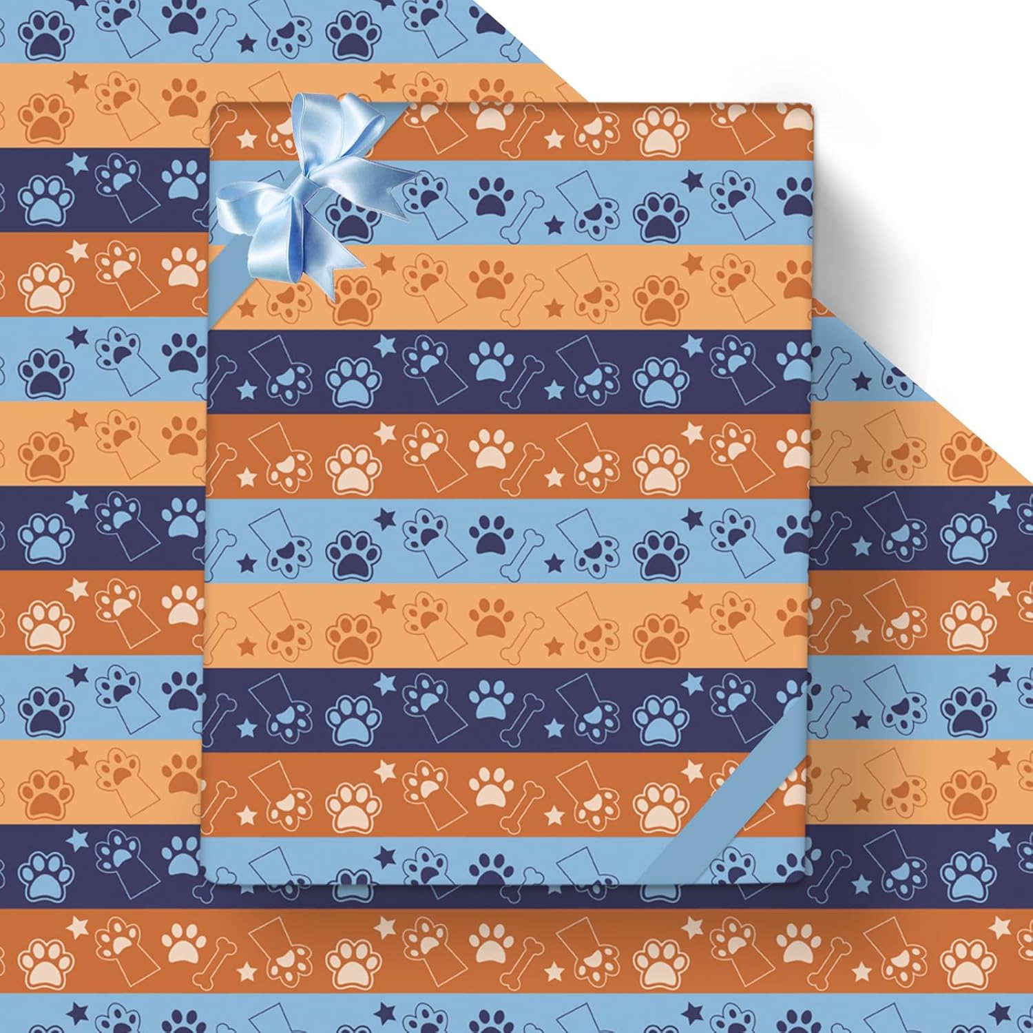 Blue Orange Dog Wrapping Paper, 8 Sheets Cartoon Puppy Paw Patterns Gift Wrap Paper For Kids Boys Girls Happy Birthday Baby Shower Theme Party Greeting Holiday Decoration Supplies| 19.7×27.6 Inch