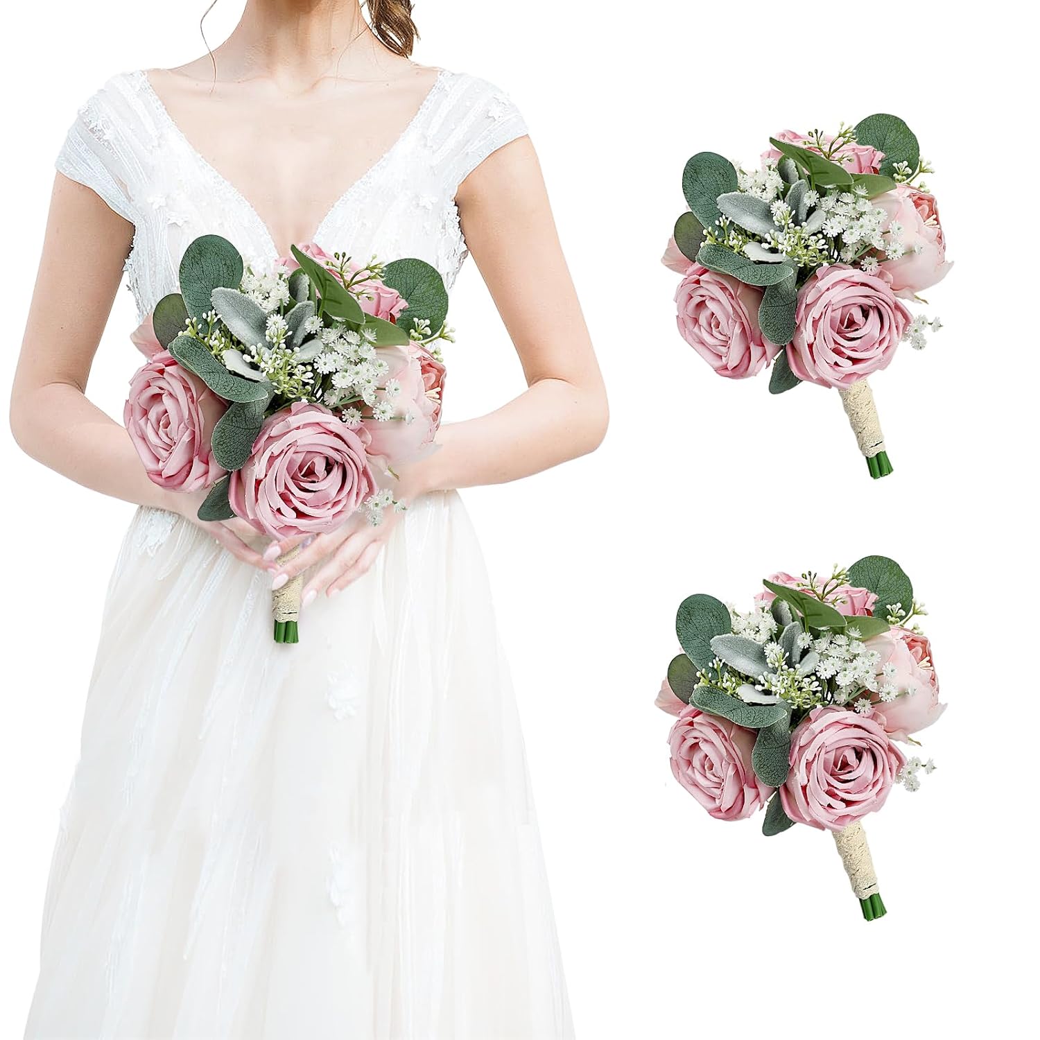Set Of 2 Bridesmaid Bouquets, Artificial Silk Wedding Flower Arrangements For Party Ceremony Anniversary Marriage Proposal Bridal Shower Decorations - Dusty Pink
