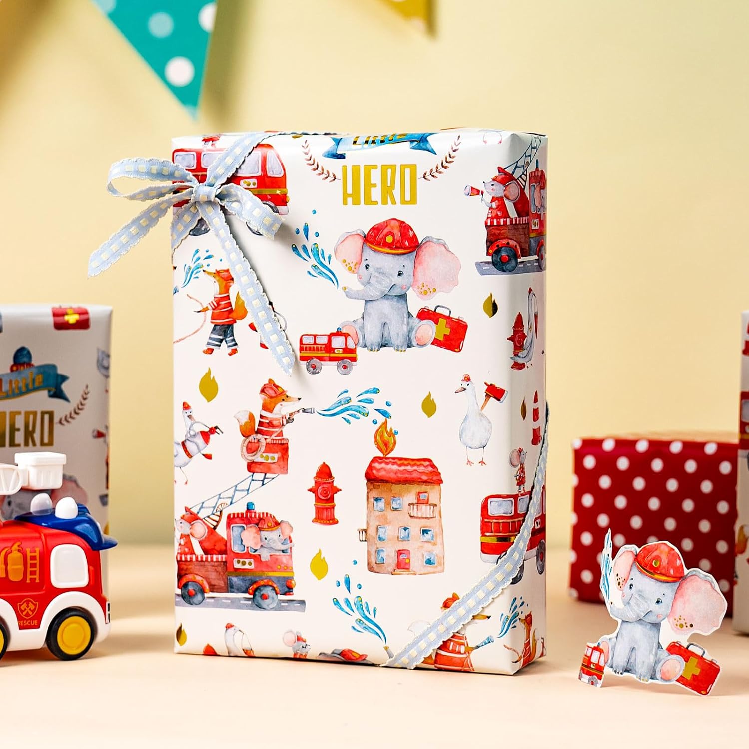 Gift Wrapping Paper Roll, 17 Inch X 33 Feet Cute Elephant Firefighter Wrap Paper With Polka Dot For Birthday Party Boys Girls Baby Shower