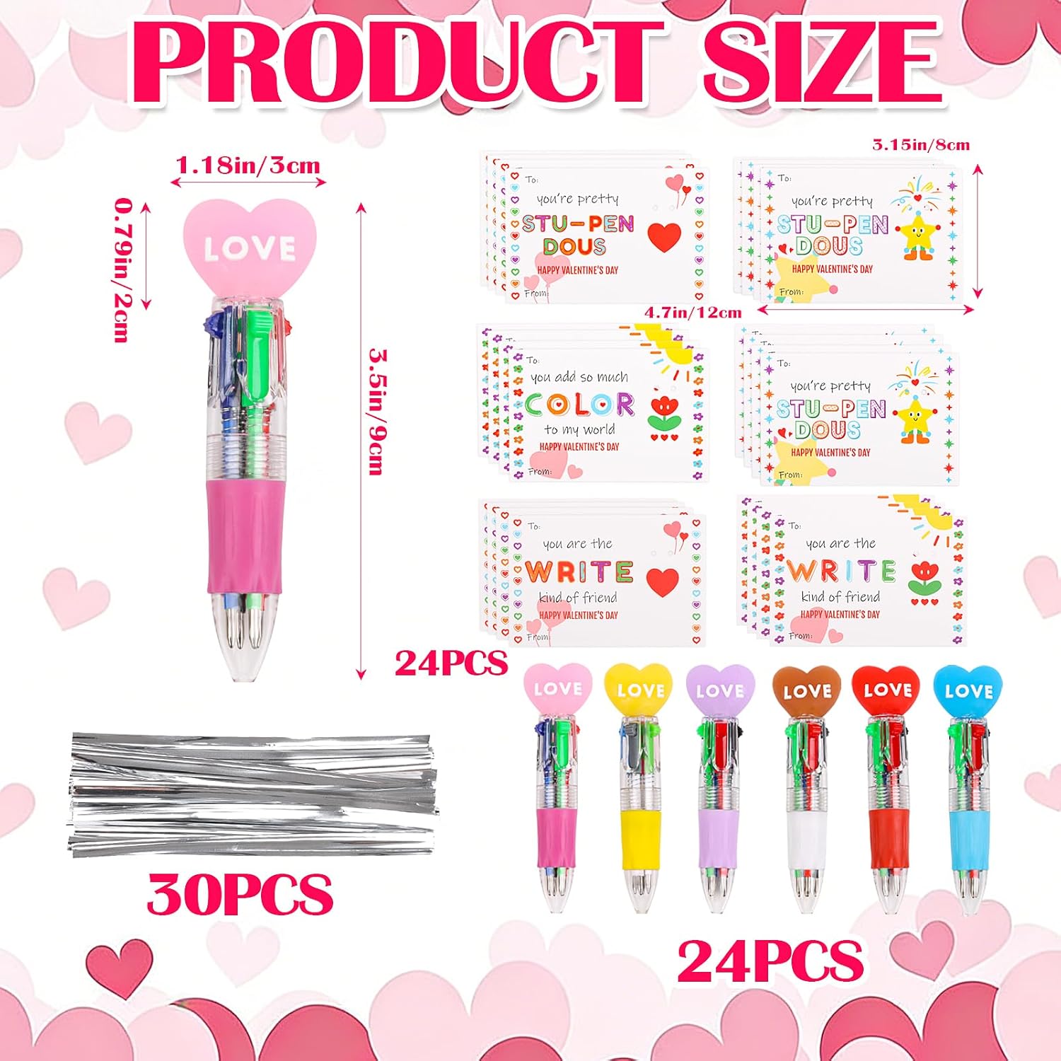 24 Set Mini Multicolor Pens In One Valentine 4-In-1 Ballpoint Pen Pens With Valentine'S Day Cards For Valentine'S Day Party School Students Office Exchange Gift