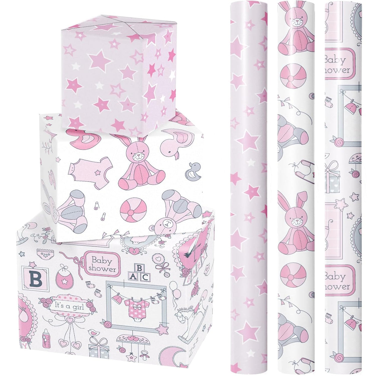 Pink Baby Shower Wrapping Paper Roll, Bear Balloon Baby Toy Stars For Baby Shower, Baby Girl'S 1St Birthday, Newborn Party, Mini Roll With Cut Lines, 17 X 120 Inches, 3 Rolls