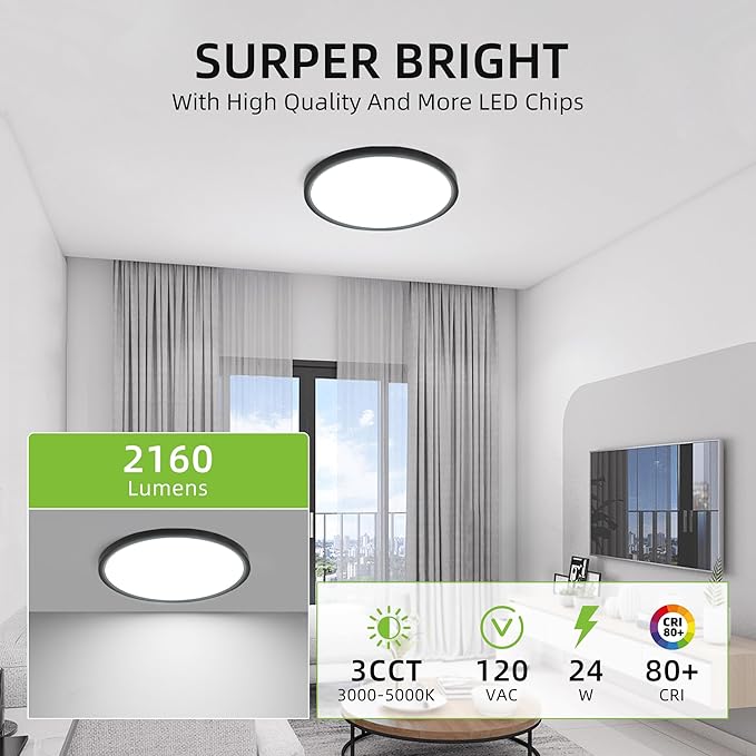 2 Pack 12 Inch Black LED Flat Panel Ceiling Lights 24W 3CCT Flush Mount Fixtures
