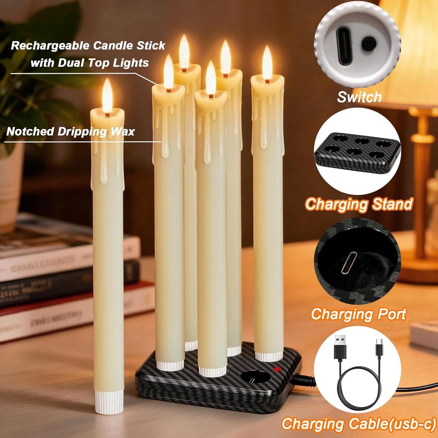 Rechargeable Flameless Taper Candles With Charging Station & Remote Timer, 6 Pcs Real Wax Led Taper Candles, Battery Operated Candlesticks For Home Wedding Christmas Decorations (Ivory)