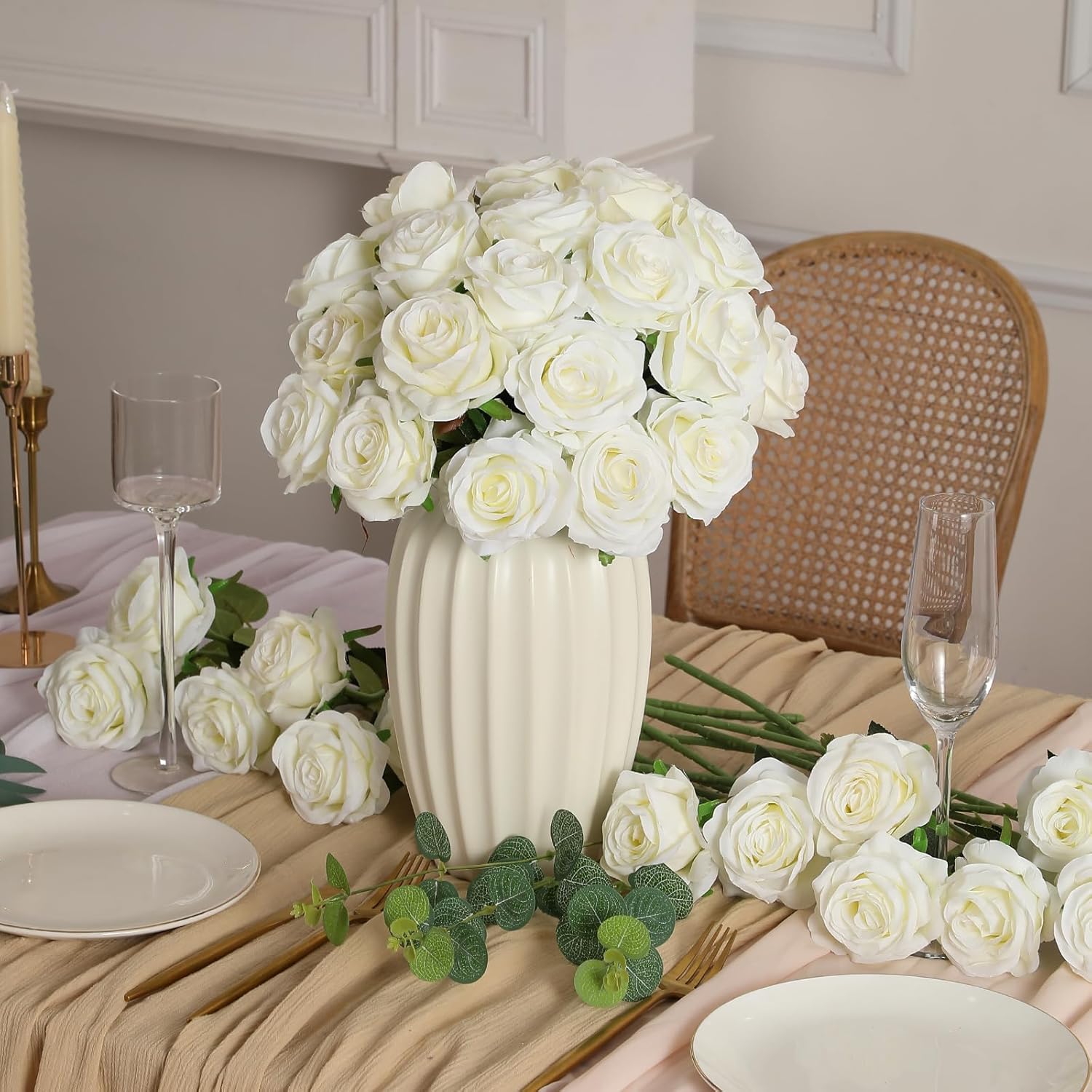 60 Pcs White Roses Artificial Flowers Bulk, Silk Roses With Stem Realistic White Artificial Roses For Decoration Diy Wedding Bouquet Bridal Shower Party Home Table Centerpieces Decor (White)