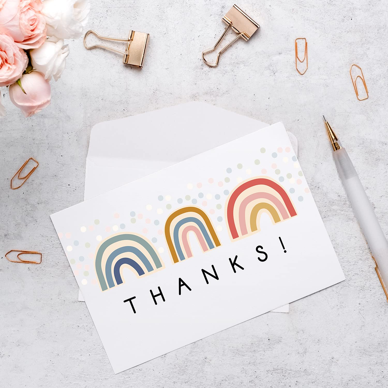 Modern Rainbow Thank You Cards / 24 Baby Shower Birthday Note Cards With White Envelopes / 6 Adorable All Occasion Thanks Greeting Card Set Designs / 3 1/2" X 4 7/8" Appreciation Gratitude Cards