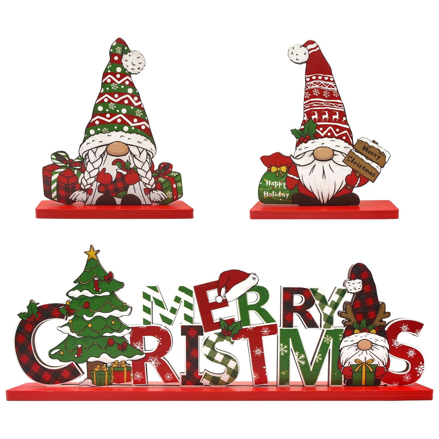 3Pcs Christmas Table Decorations Gnomes Tree And Merry Christmas Sign Centerpiece Tabletop Wooden Ornaments Indoor Xmas Decorations For Party Coffee Table Gifts