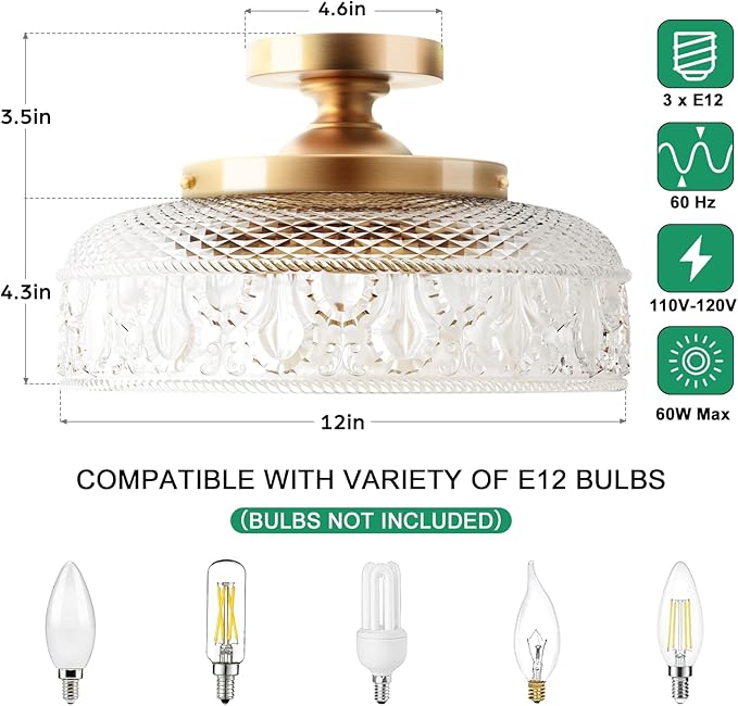 12 Inch Gold Globe Glass Ceiling Light 3 Light Semi Flush Mount Fixture