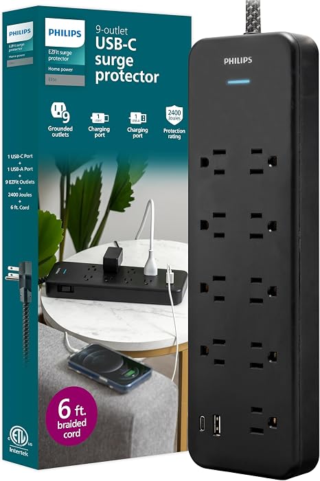 Surge Protector Power Strip 9 Outlets 2 USB Ports USB C 2400J 6FT Flat Plug Braided Cord Black