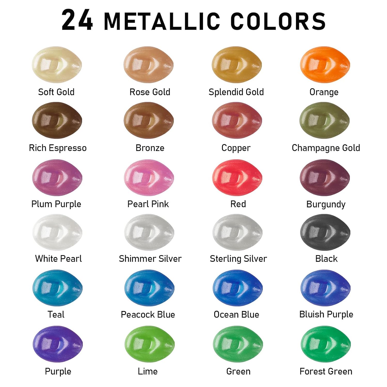Metallic Acrylic Paint, Set Of 24 Metallic Colors In 2Oz/60Ml Bottle, Rich Pigments, Non Fading, Non Toxic Paints For Artist, Beginners & Kids Painting On Rocks Crafts Canvas Wood, Fabric&Stone