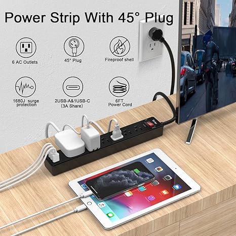 6FT Surge Protector Power Strip with 6 Outlets 3 USB Ports Extension Cord for Home Office Dorm