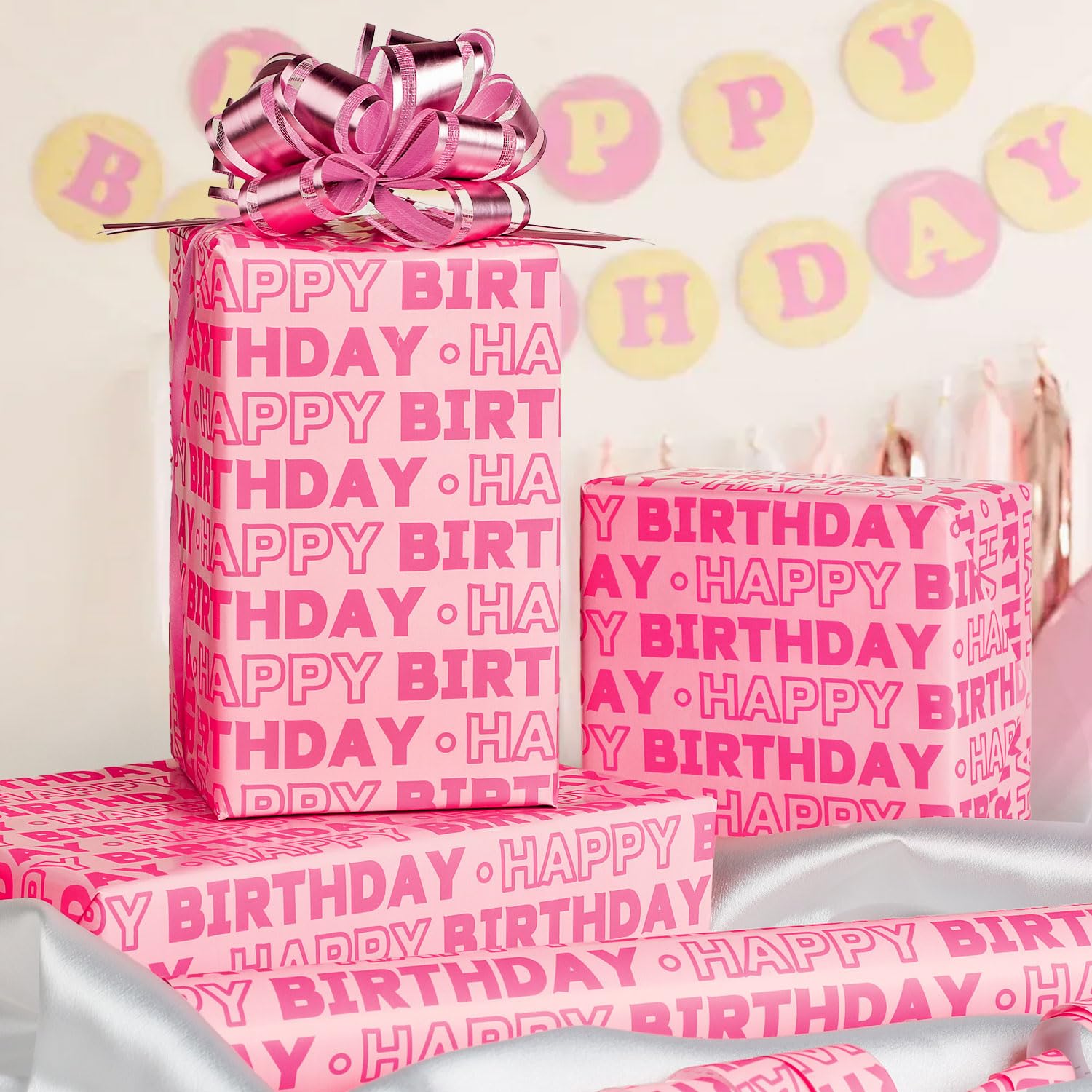 Pink Birthday Wrapping Paper Mini Roll, 17 Inch X 19.7 Feet Happy Birthday Lettering Design Gift Wrap Paper For Bday Baby Shower Holiday Christmas Party Wrapping Supplies