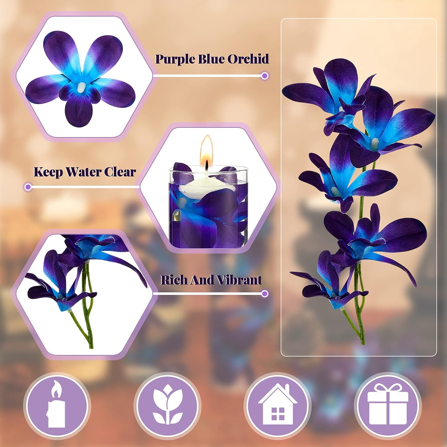16 Pieces Blue Purple Faux Flowers Blue Orchid Flower Vase Fillers Faux Purple Orchid Wedding Table Centerpieces Filling For Floating Candles Wedding Birthday Party Table Decorations