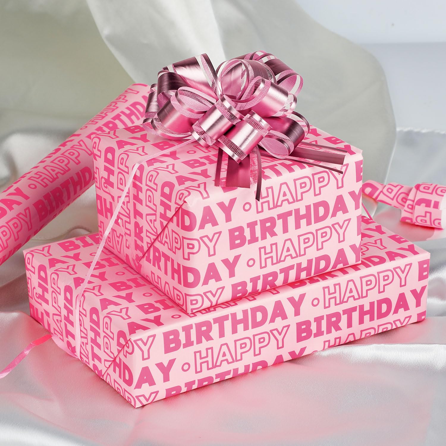 Pink Birthday Wrapping Paper Mini Roll, 17 Inch X 19.7 Feet Happy Birthday Lettering Design Gift Wrap Paper For Bday Baby Shower Holiday Christmas Party Wrapping Supplies