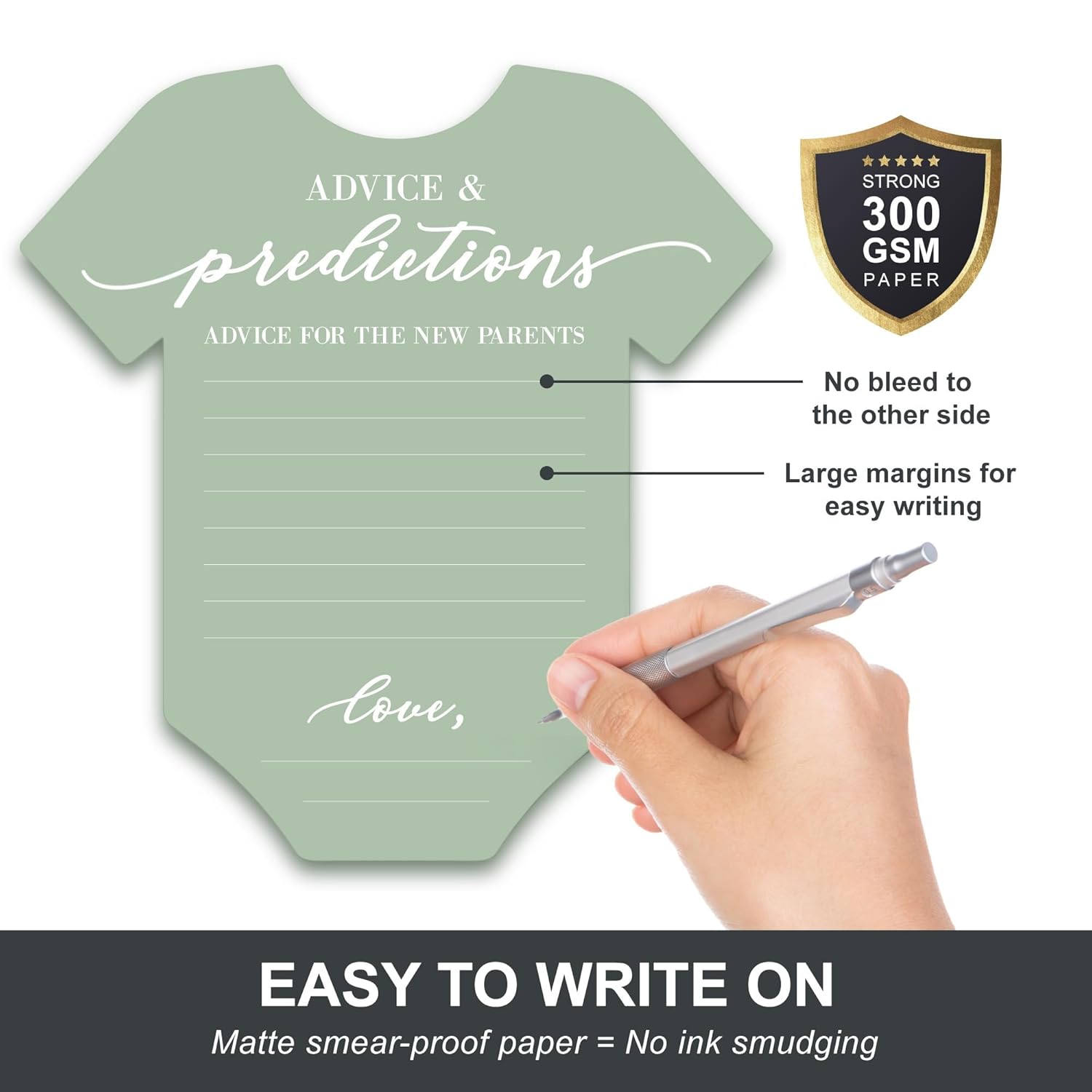 Baby Shower Advice & Prediction Cards - For 50 Guests - Green Onesie Double Sided Advice + Predictions Cards - Minimalist Gender Neutral Baby Shower Decorations & Games For Boys & Girls - (Set Of 50)