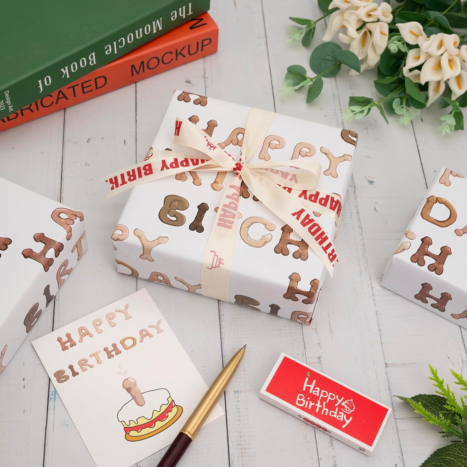 Funny Shape Alphabet Wrapping Paper - Happy Birthday Bixxh - Rude For Men, Women, Adults - 19.6 X 27.8 Inches (6 Sheets)