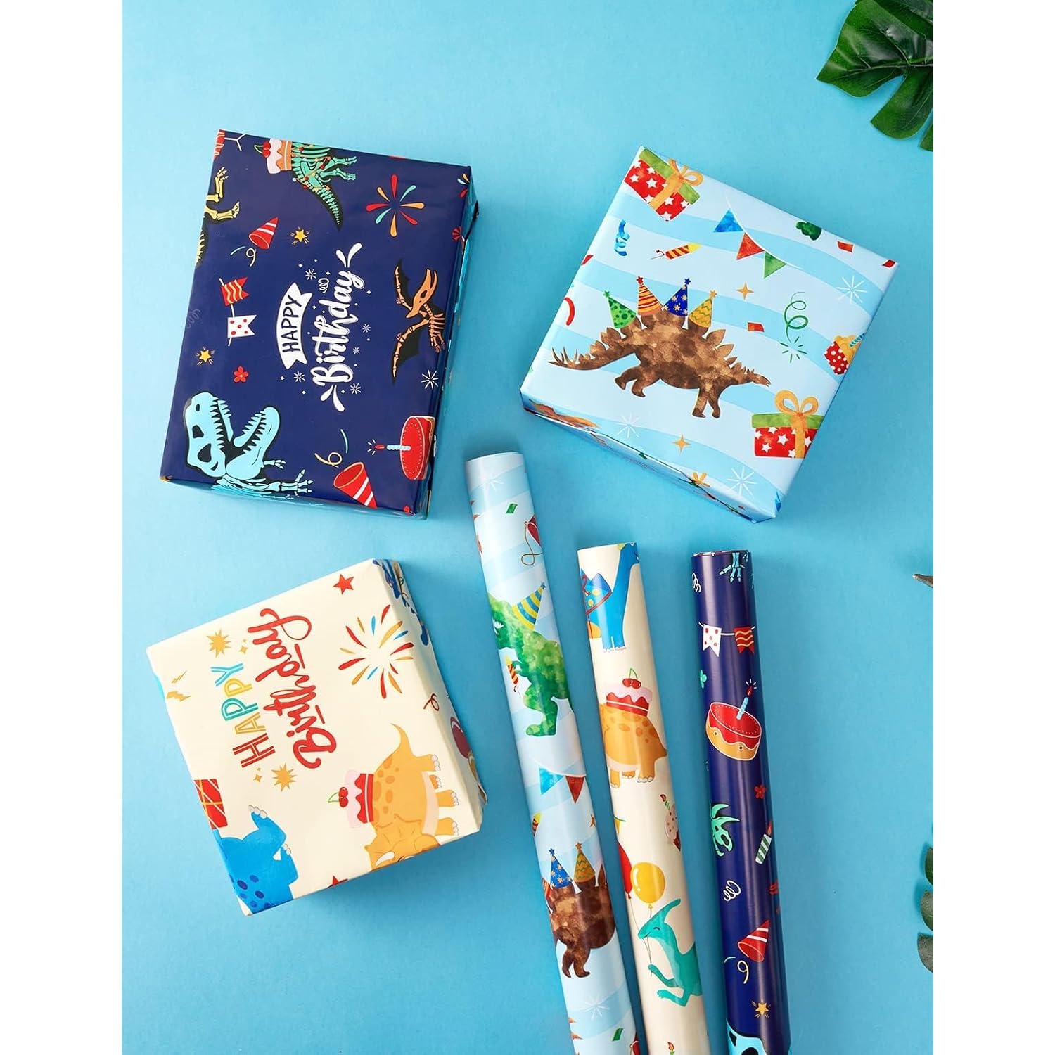Dinosaur Wrapping Paper Rolls - 3 Rolls 17” X 120” Happy Birthday Wrapping Paper Kids Wrapping Paper Rolls Boy Dinosaur Gift Wrap Paper Dinosaur Party Favor Happy Bday Wrap With Cutting Line On Back
